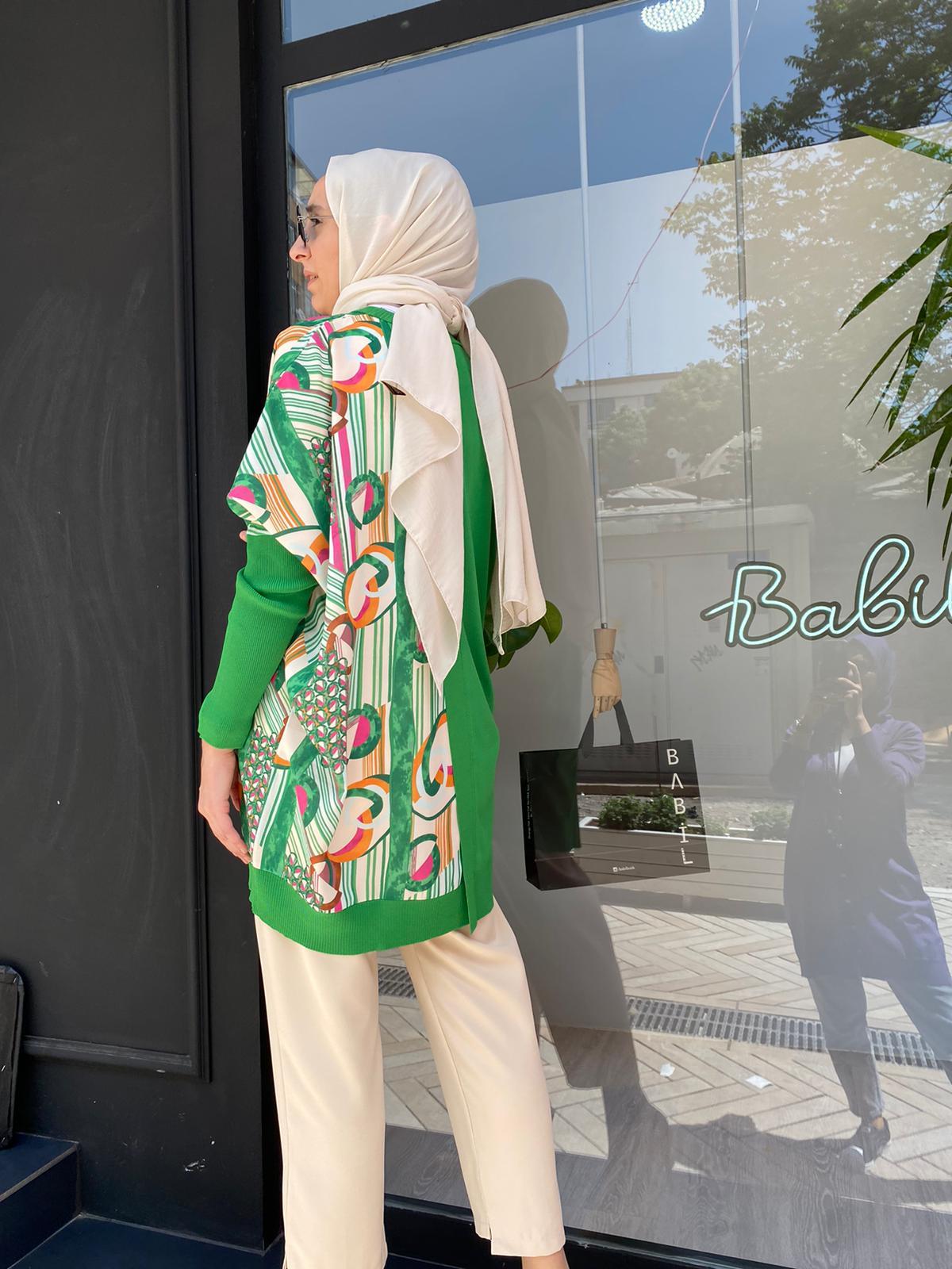 Tığ Triko Geometrik Desen Kumaş Detaylı Rayon Benetton Tunik 21454