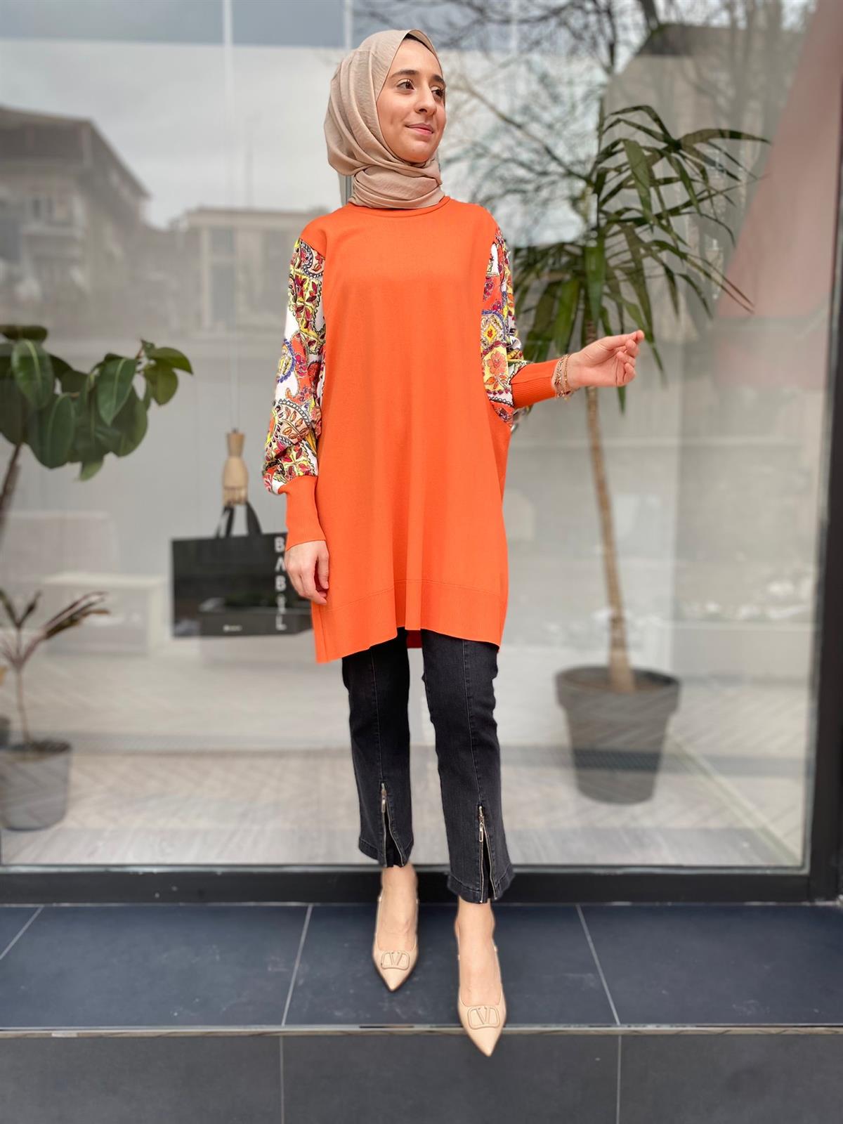 Tığ Triko Kolları Kumaş Detaylı Oranj Rayon 21448