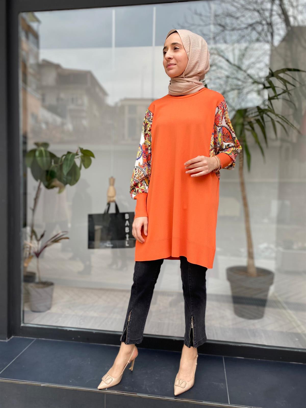 Tığ Triko Kolları Kumaş Detaylı Oranj Rayon 21448