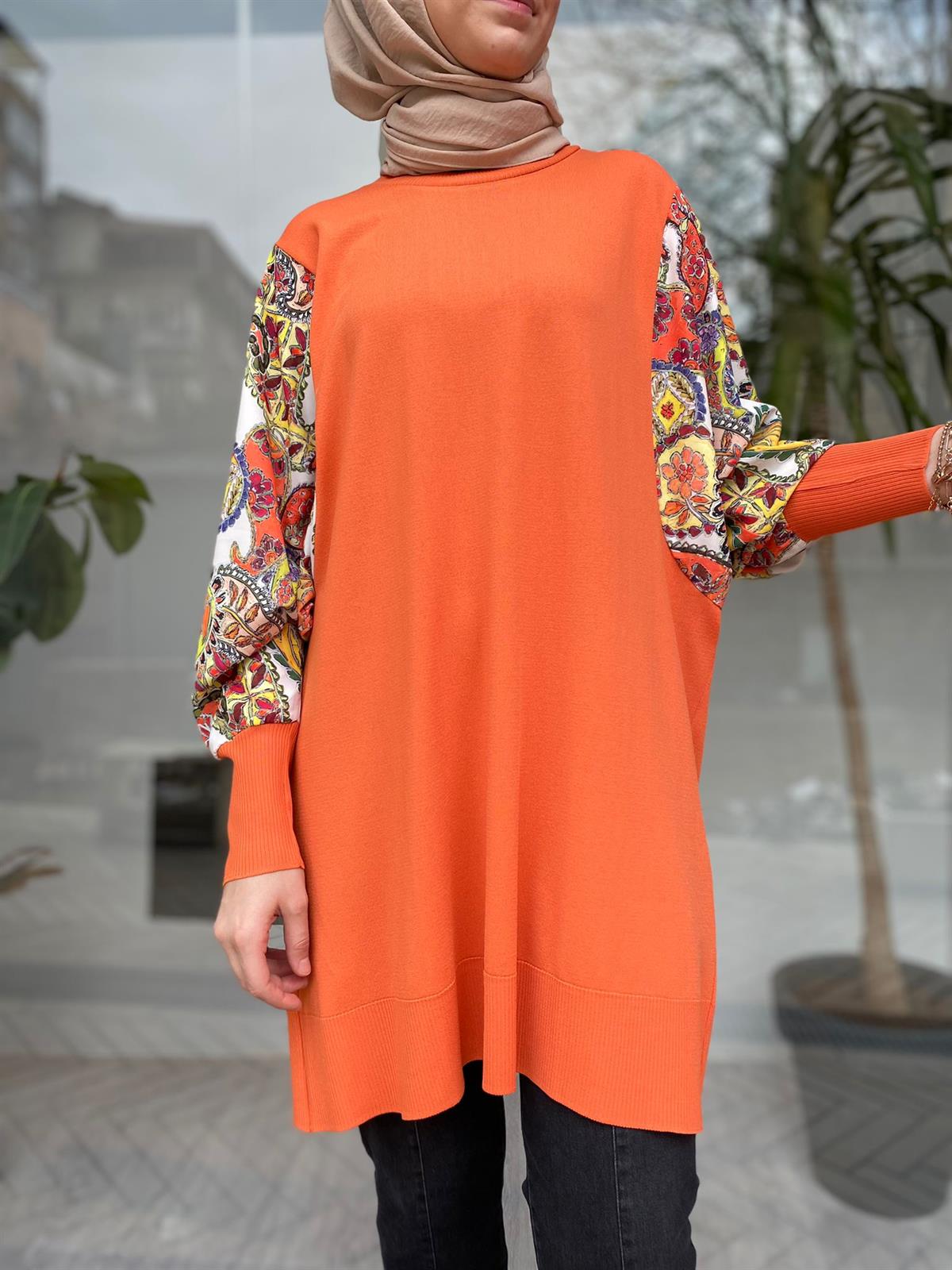 Tığ Triko Kolları Kumaş Detaylı Oranj Rayon 21448