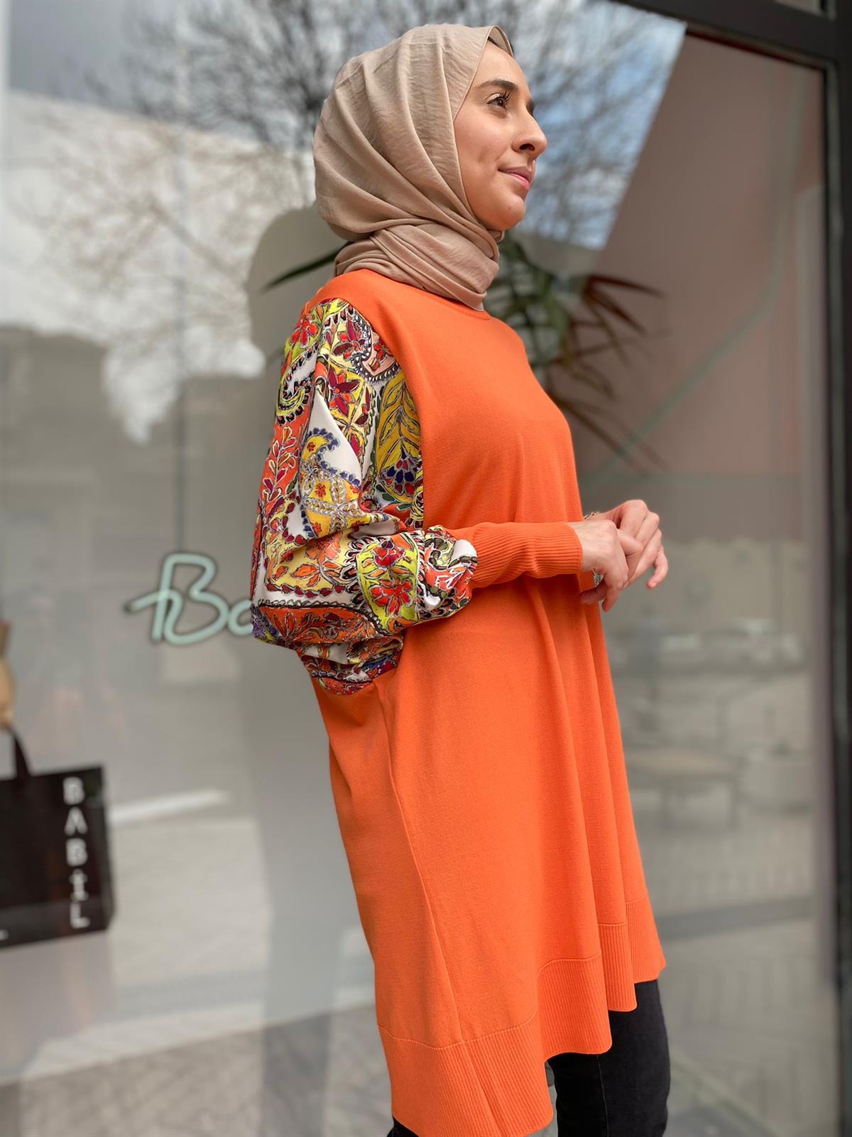 Tığ Triko Kolları Kumaş Detaylı Oranj Rayon 21448