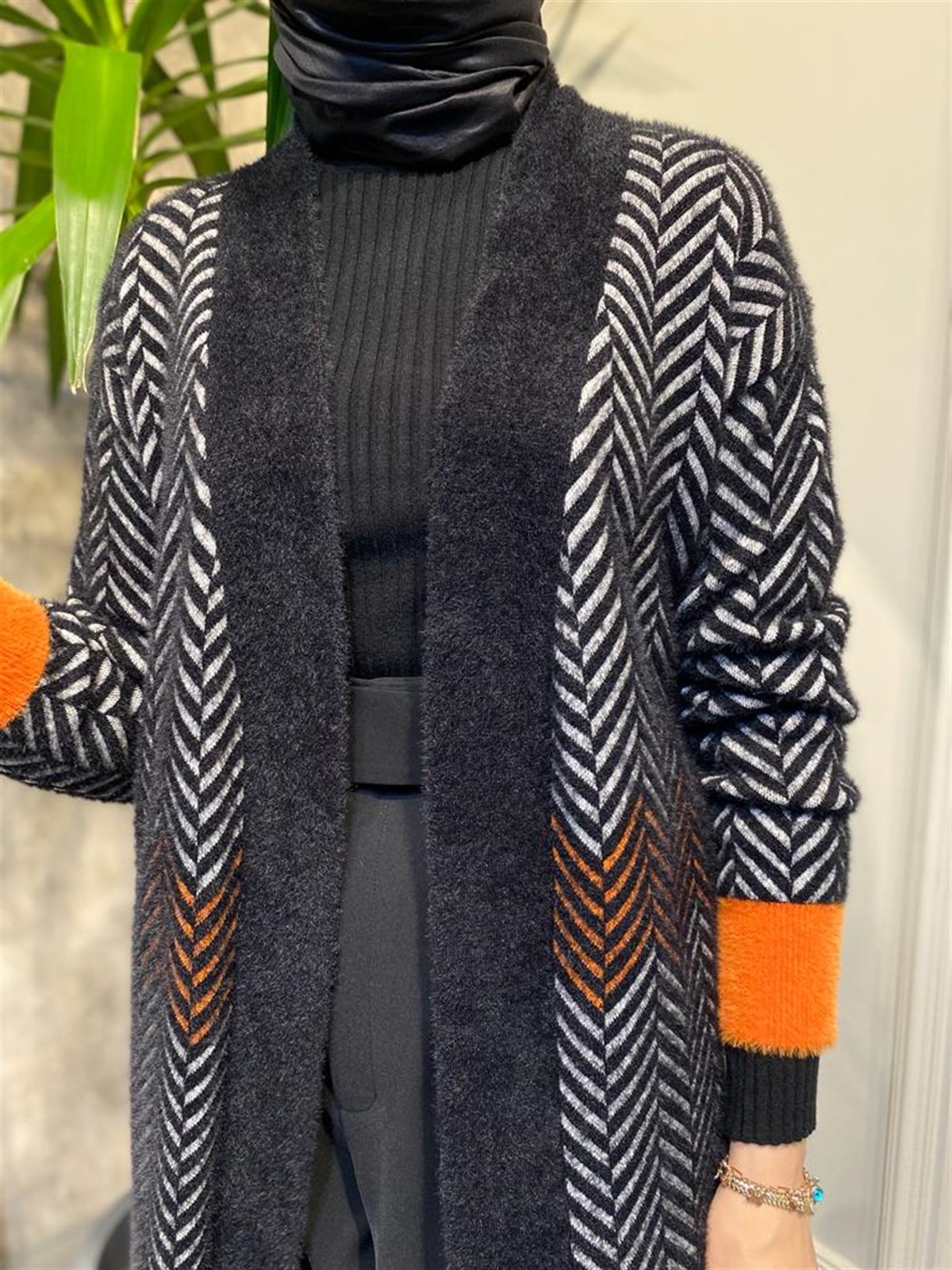 Tığ Triko Zigzag Desen Hırka Siyah 21121