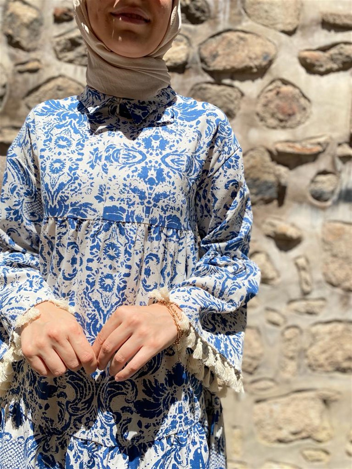 Touche Püsküllü Keten Elbise Desenli Mavi 22Y1T068