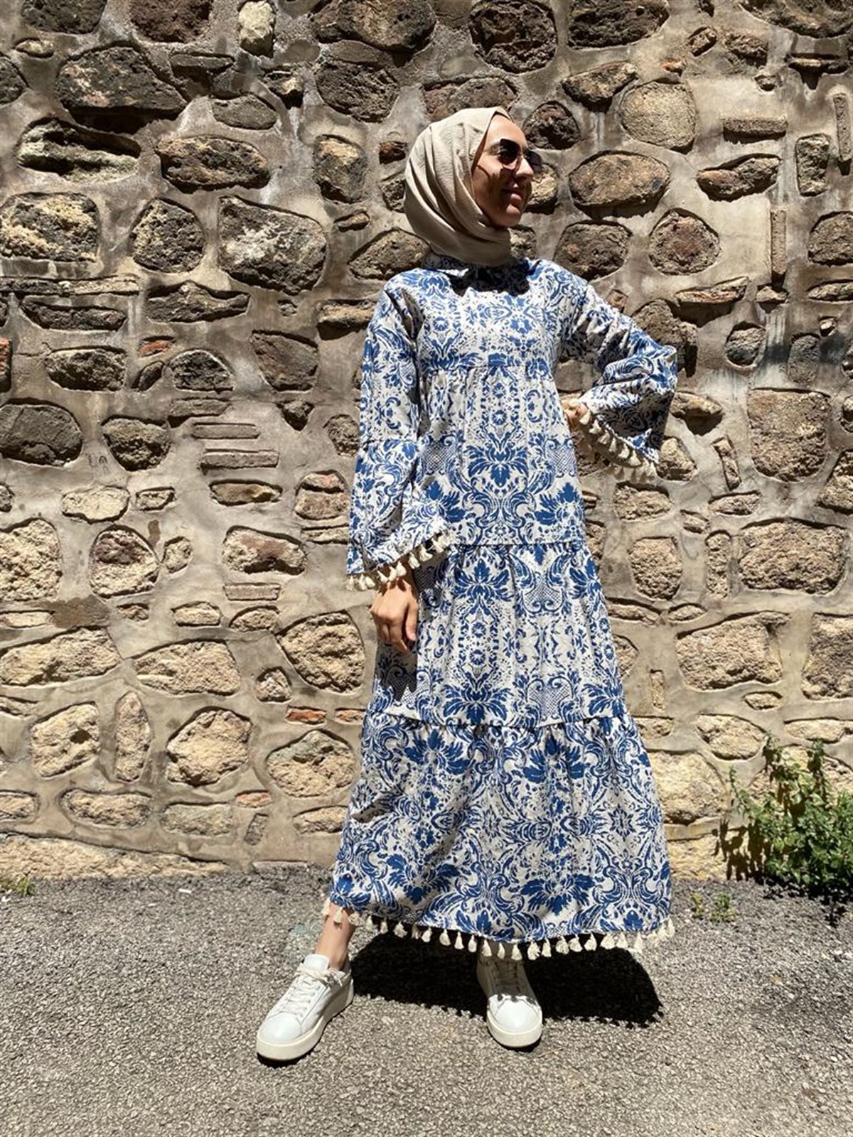 Touche Püsküllü Keten Elbise Desenli Mavi 22Y1T068