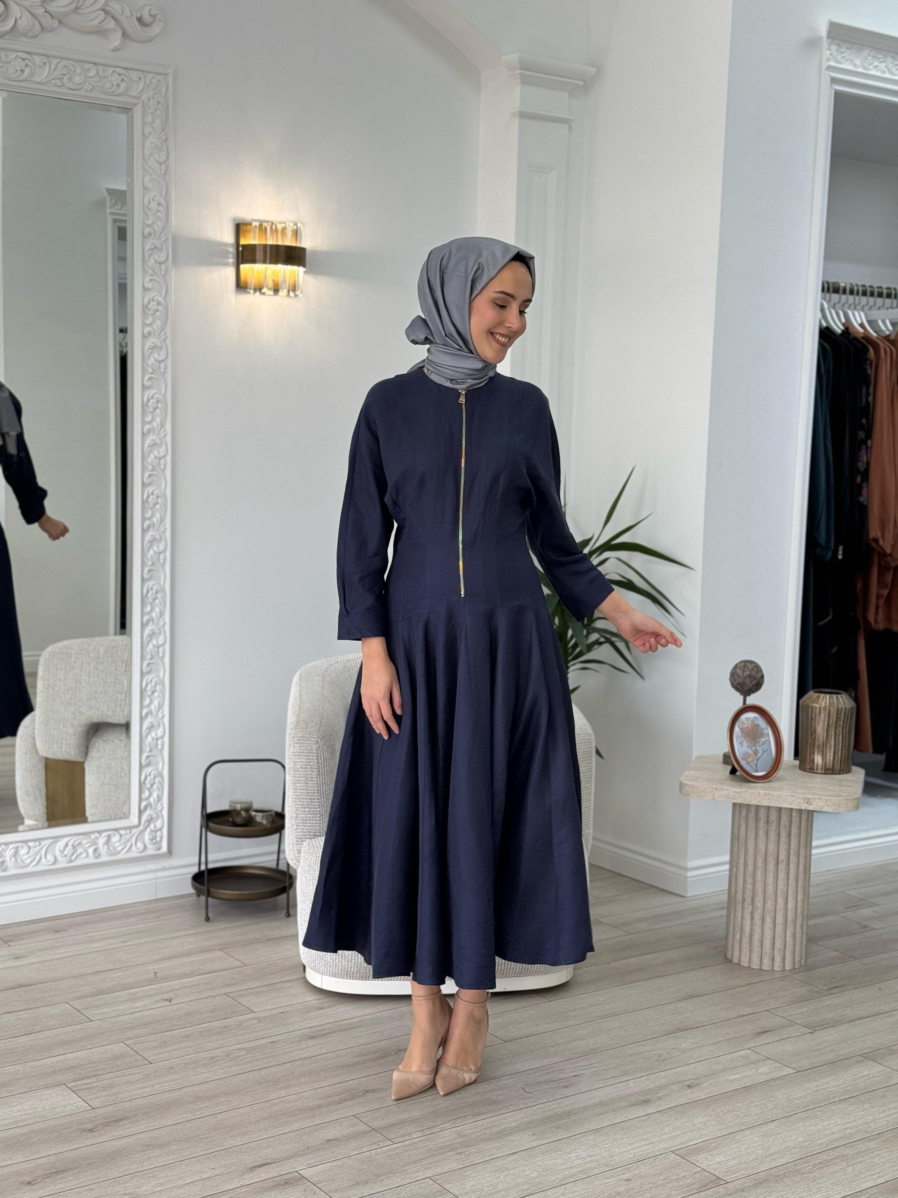 Vuu Fermuarlı Kloş Elbise Lacivert 25ssv4003
