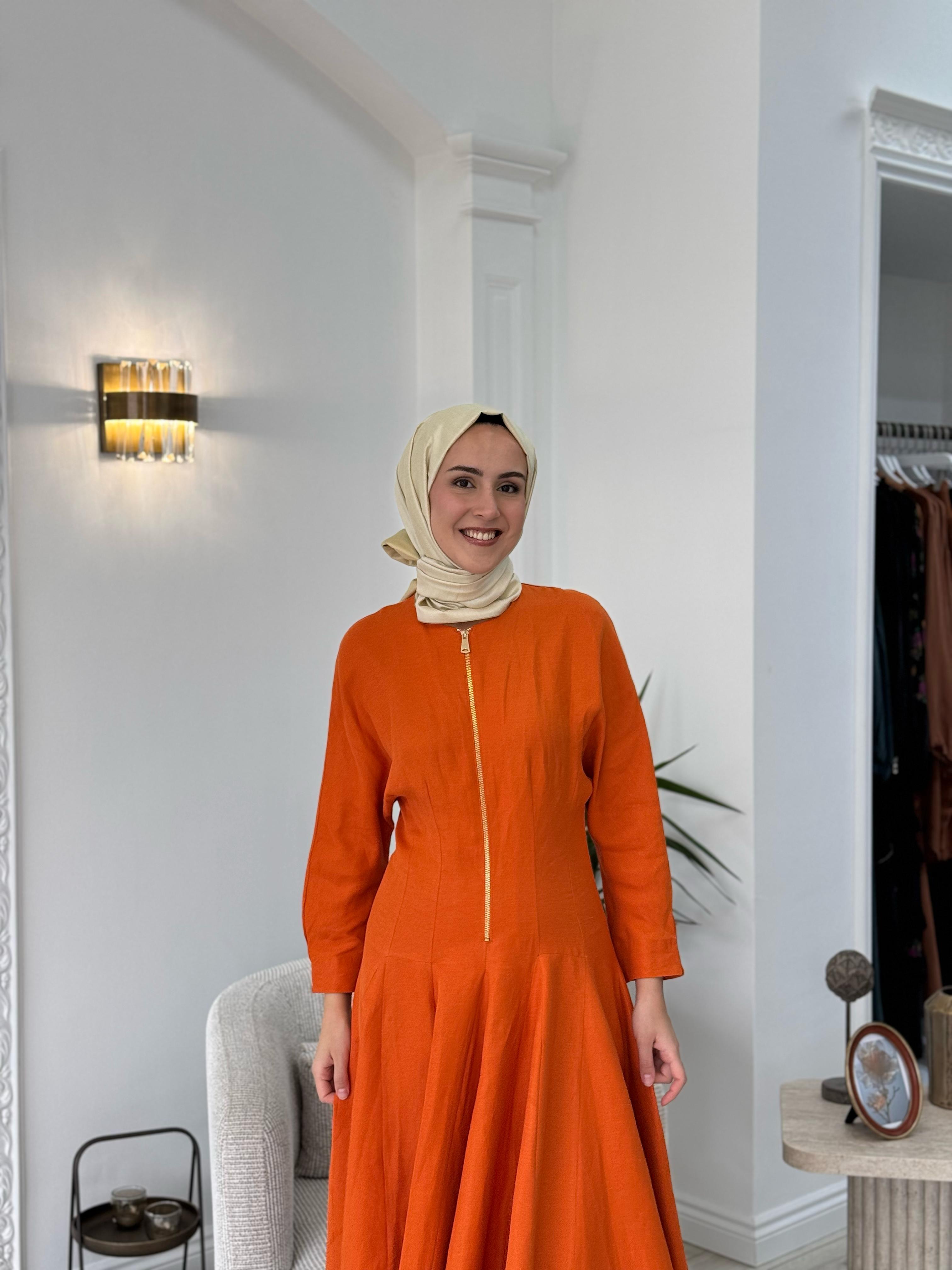 Vuu Fermuarlı Kloş Elbise Turuncu 25ssv4003
