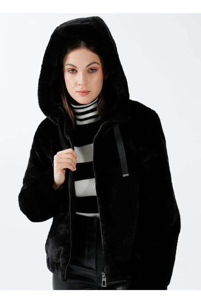 15260047- ONLVIDA FUR HOODED JACKET BLACK KADIN MONT