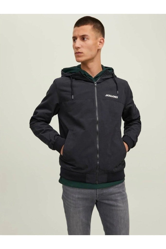 Jack&Jones 12200208 JJERUSH HOOD BOMBER NOOS BLACK ERKEK KAPÜŞONLU CEKET
