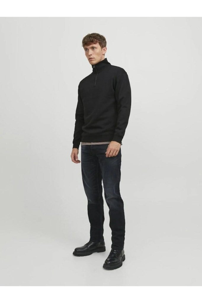 Jack&Jones 12250747 JJEBRADLEY SWEAT HALF ZIP BLACK ERKEK SWEATSHİRT