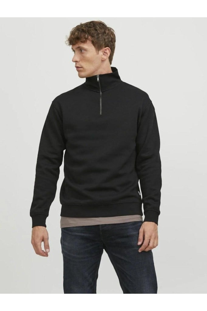 Jack&Jones 12250747 JJEBRADLEY SWEAT HALF ZIP BLACK ERKEK SWEATSHİRT