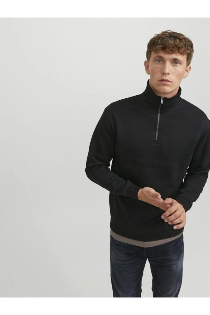 Jack&Jones 12250747 JJEBRADLEY SWEAT HALF ZIP BLACK ERKEK SWEATSHİRT
