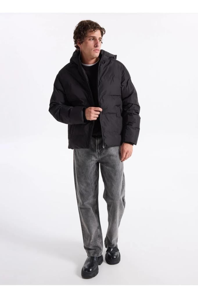 Jack&Jones 12278749 JJESOHO PUFFER HOOD BLACK ERKEK MONT
