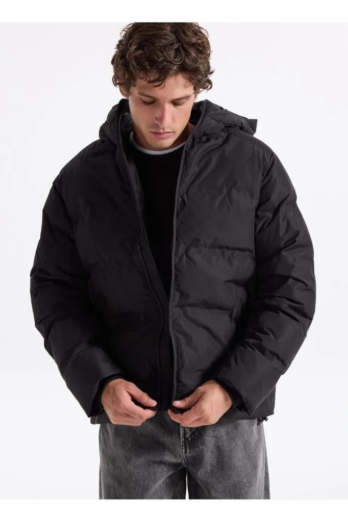 Jack&Jones 12278749 JJESOHO PUFFER HOOD BLACK ERKEK MONT
