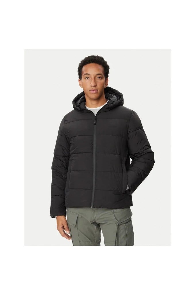 Jack&Jones 12299907 JJEFREDDIE PUFFER HOOD BLACK ERKEK MONT