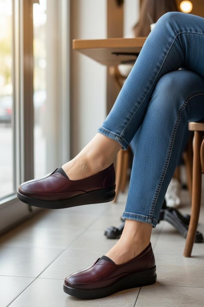 Kadın Hakiki Deri Günlük Ayakkabı Ortopedik Rahat Bordo 0157