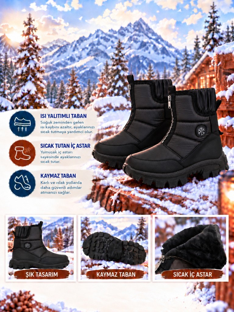 Kar Botu Fermuarlı Kaymaz Taban Isı Yalıtımlı Yumuşak İç Astar KB-5001 Siyah