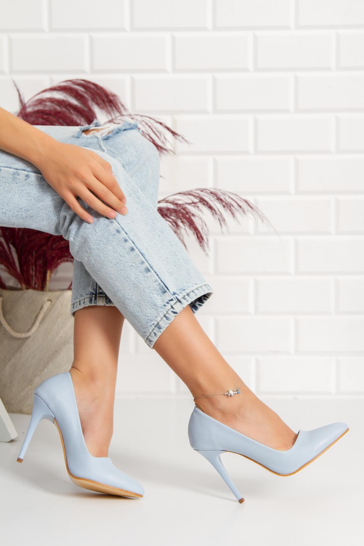 Modafrato 11 CM İnce Topuklu Stiletto Topuklu Ayakkabı Sivri Burun Mavi