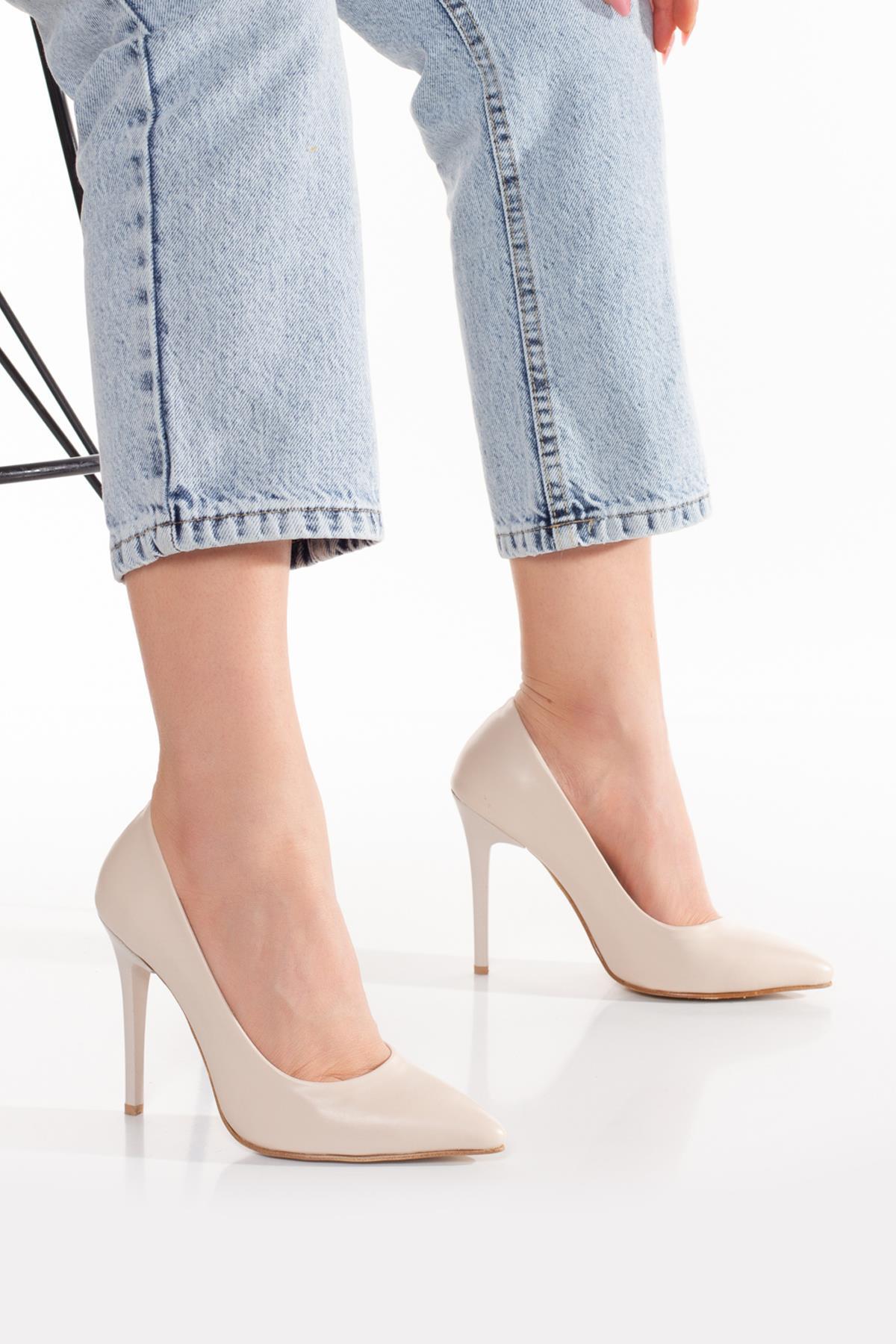 Modafrato 11 CM İnce Topuklu Stiletto Topuklu Ayakkabı Sivri Burun Ten