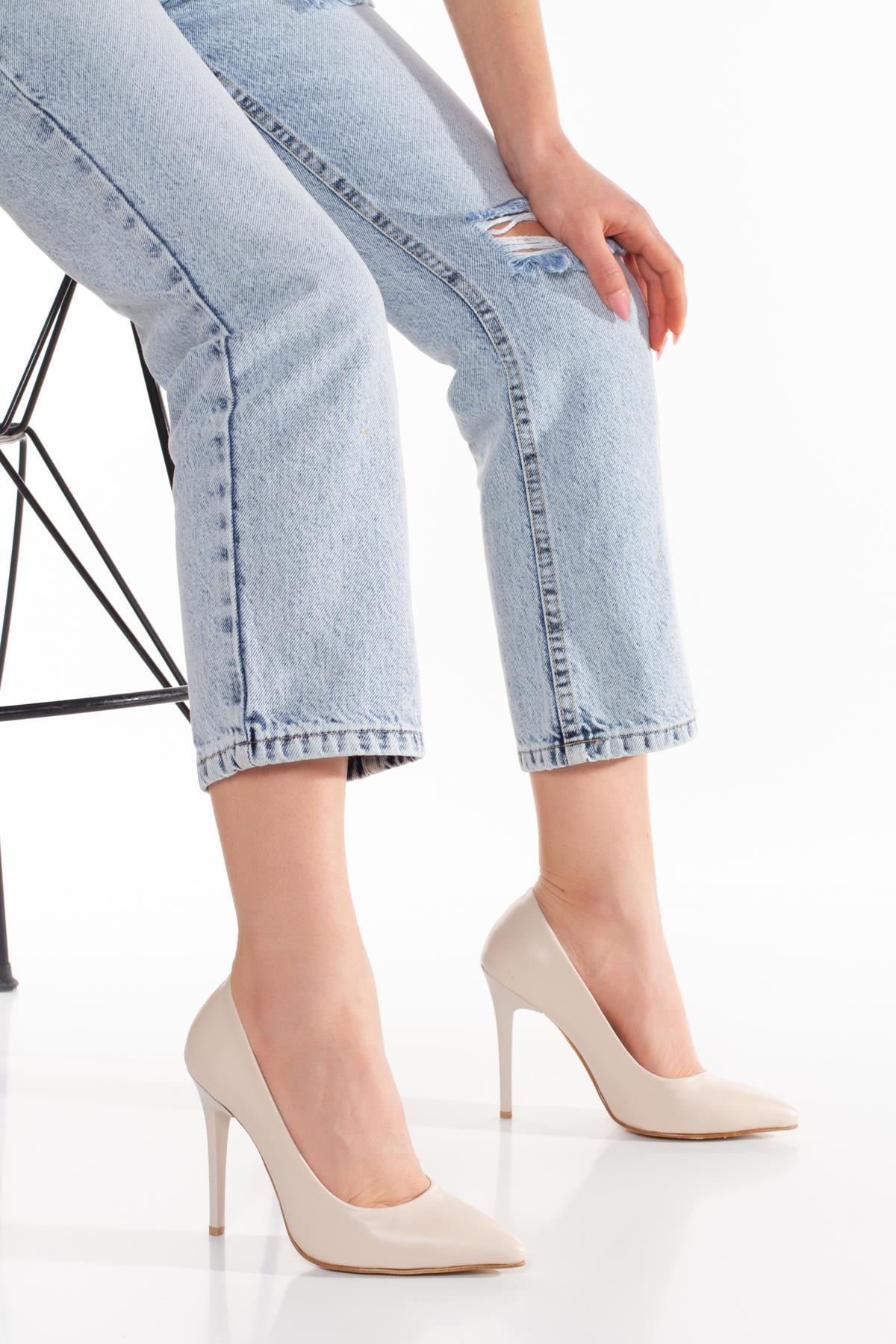 Modafrato 11 CM İnce Topuklu Stiletto Topuklu Ayakkabı Sivri Burun Ten