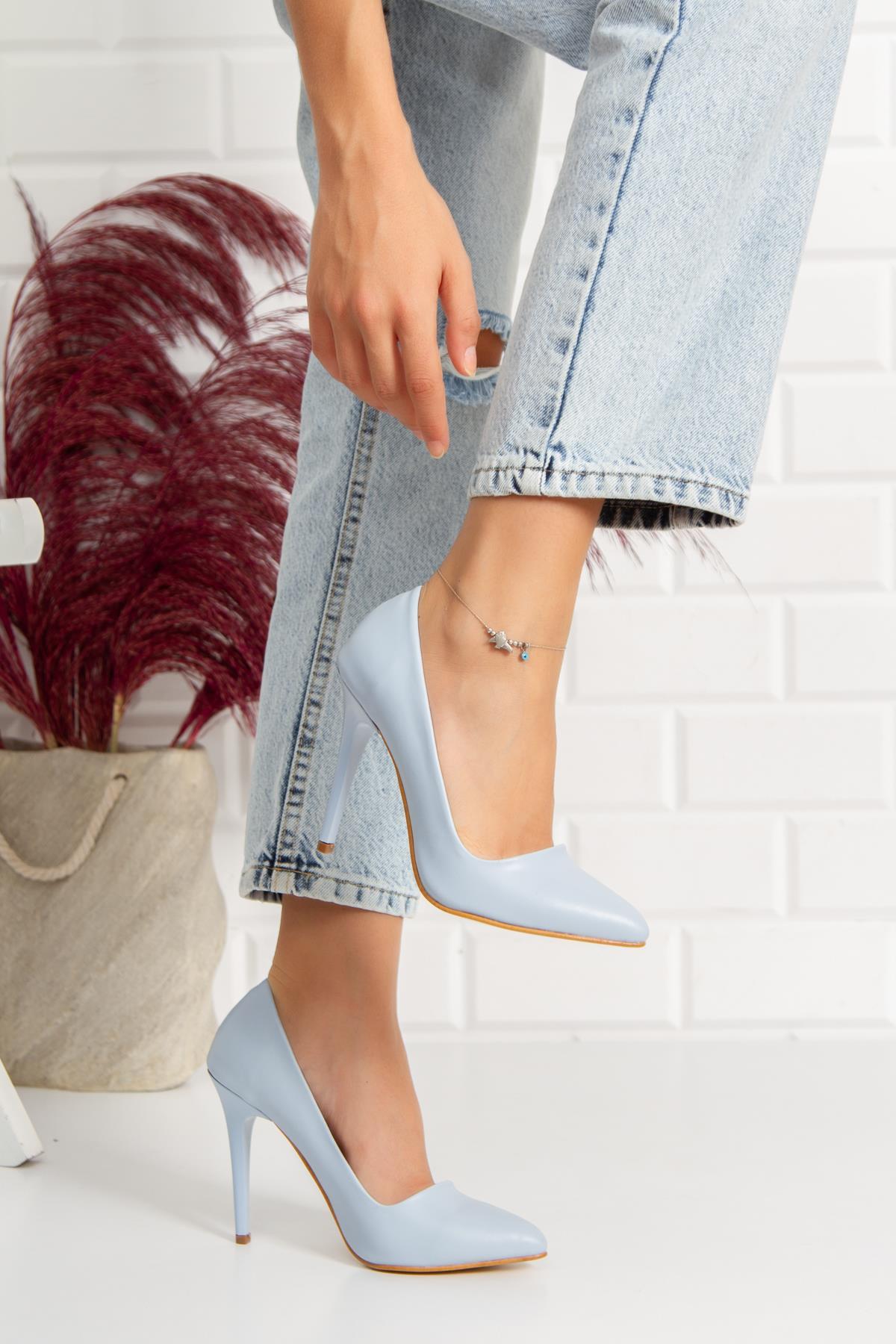 Modafrato 11 CM İnce Topuklu Stiletto Topuklu Ayakkabı Sivri Burun Mavi