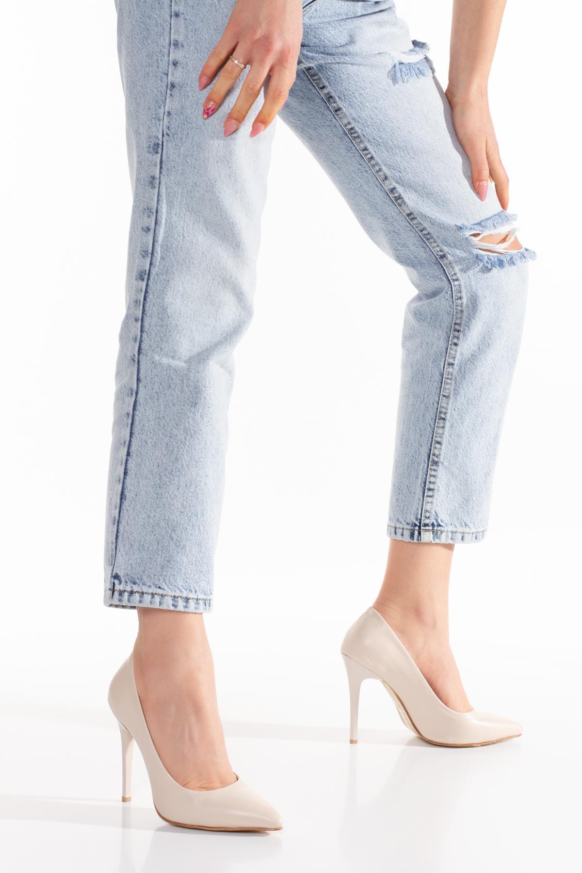 Modafrato 11 CM İnce Topuklu Stiletto Topuklu Ayakkabı Sivri Burun Ten