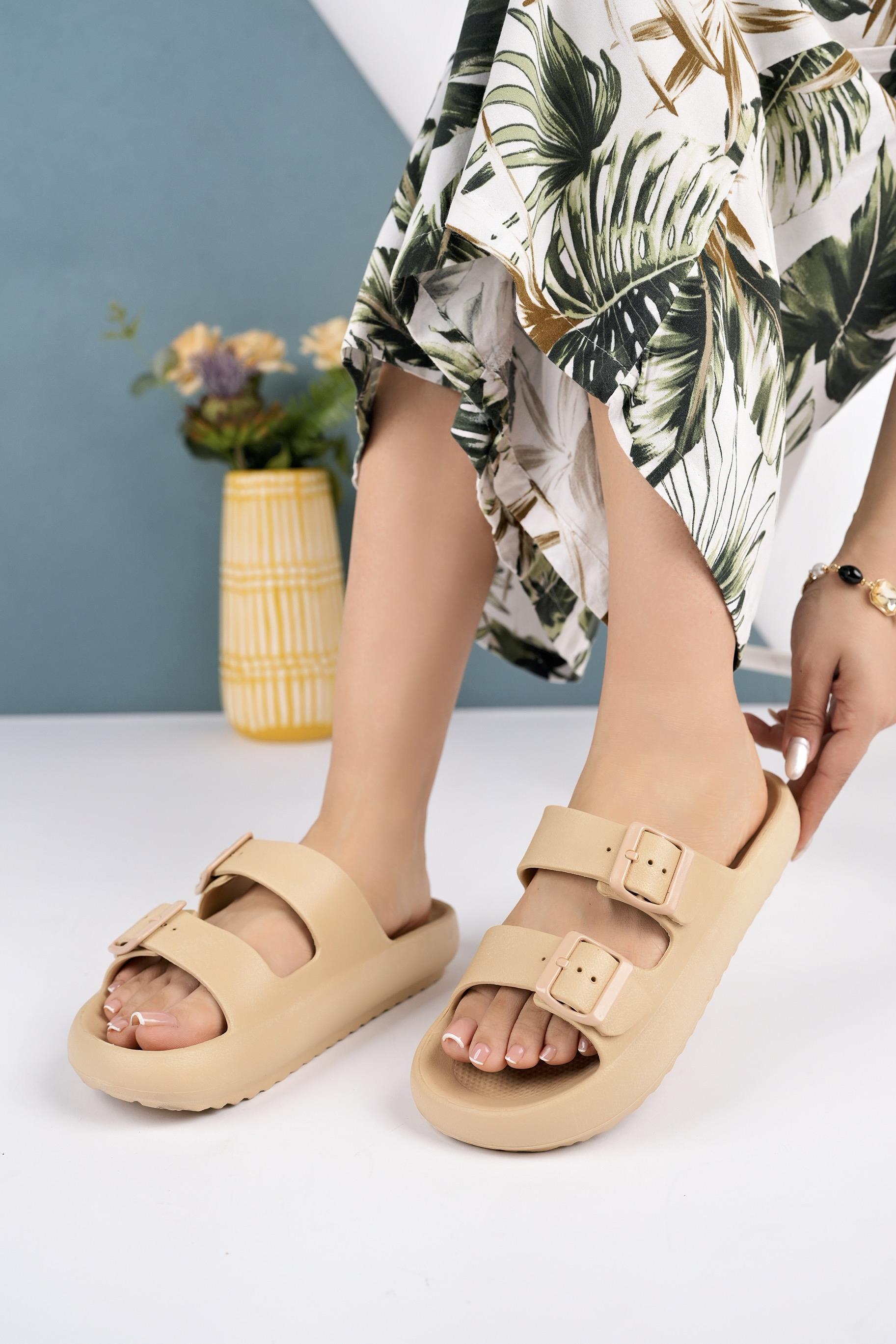 Modafrato BERRY Tokalı Unisex Terlik Plaj Deniz Havuz Terliği Bej