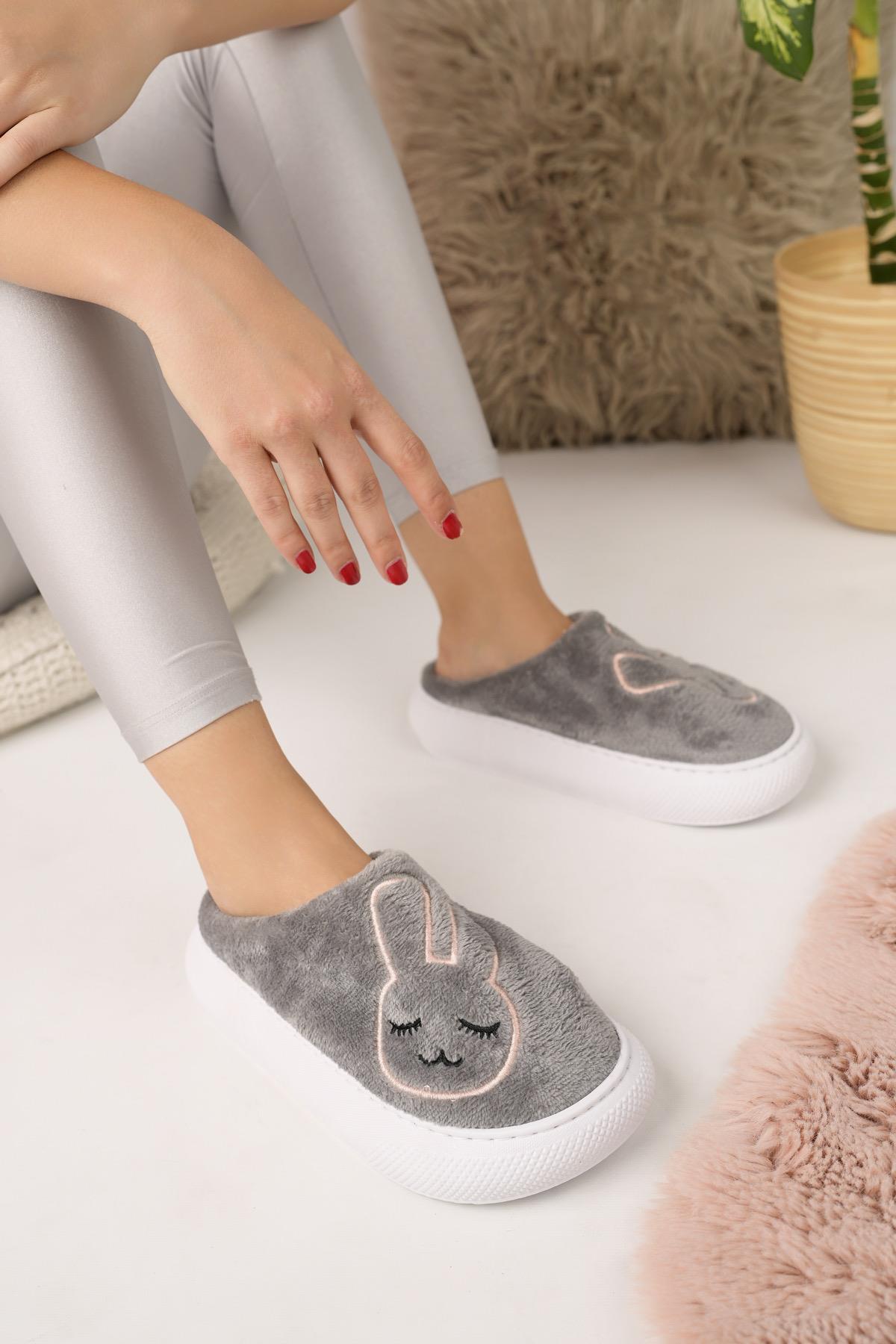 Modafrato BUNNY Tavşanlı Kadın Ev Terliği Kışlık Yünlü Terlik Gri
