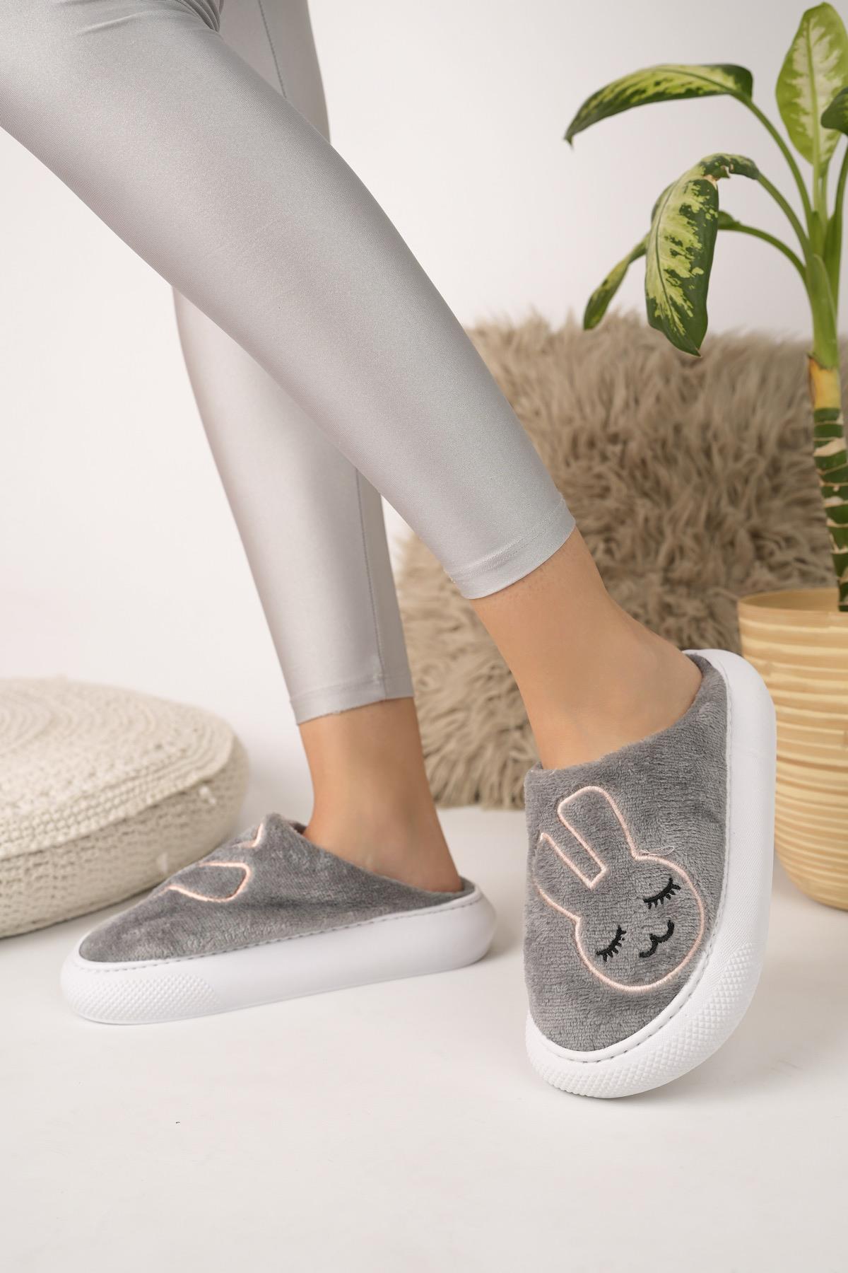 Modafrato BUNNY Tavşanlı Kadın Ev Terliği Kışlık Yünlü Terlik Gri