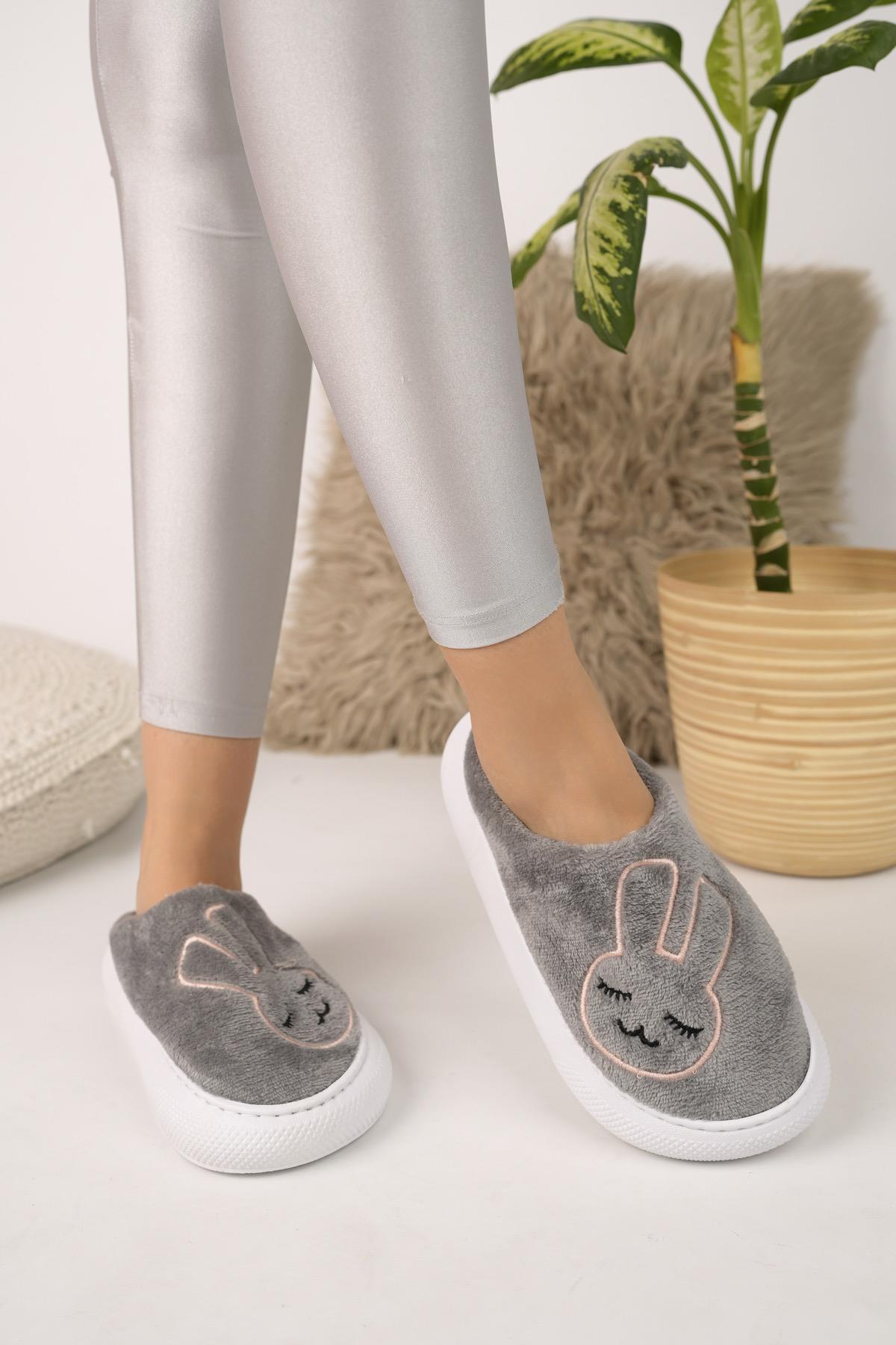 Modafrato BUNNY Tavşanlı Kadın Ev Terliği Kışlık Yünlü Terlik Gri