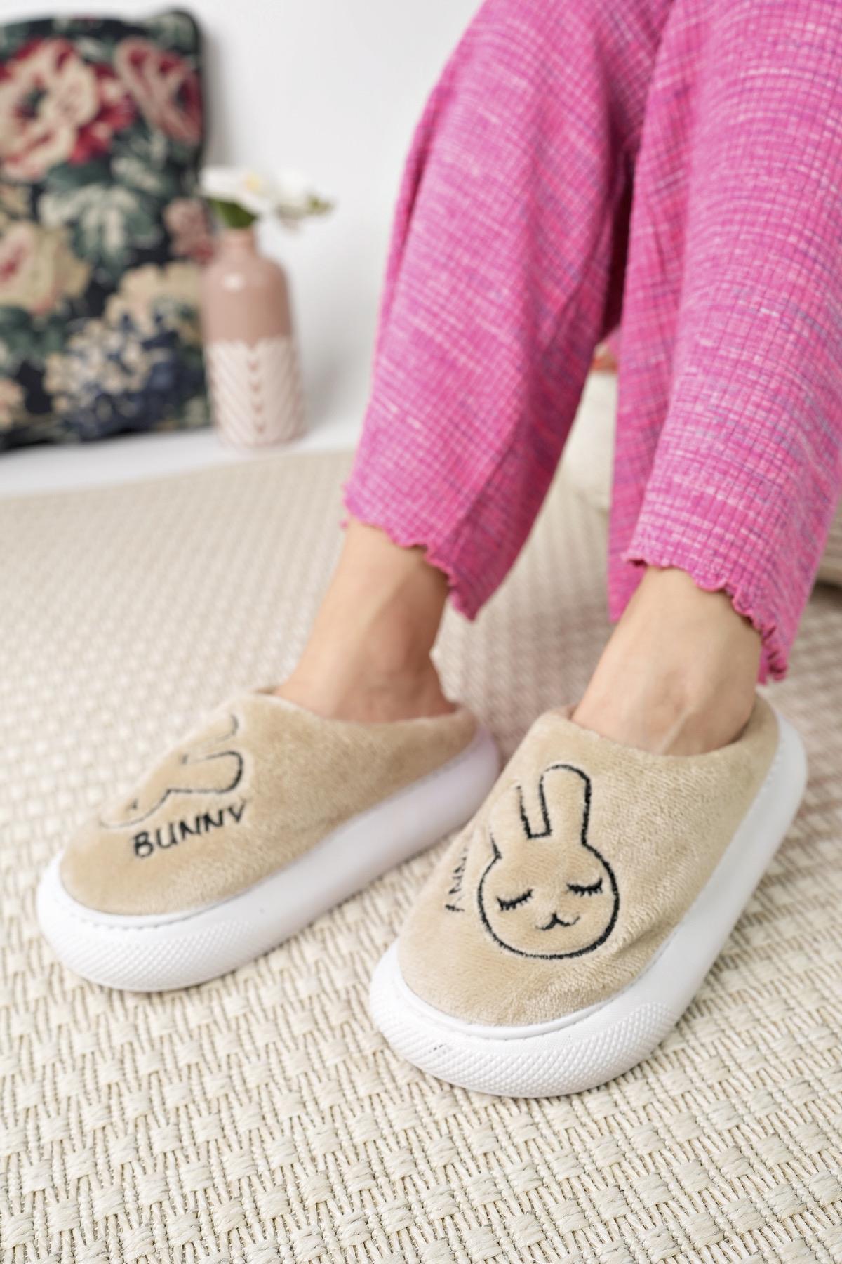 Modafrato BUNNY Tavşanlı Kadın Ev Terliği Kışlık Yünlü Terlik Bej