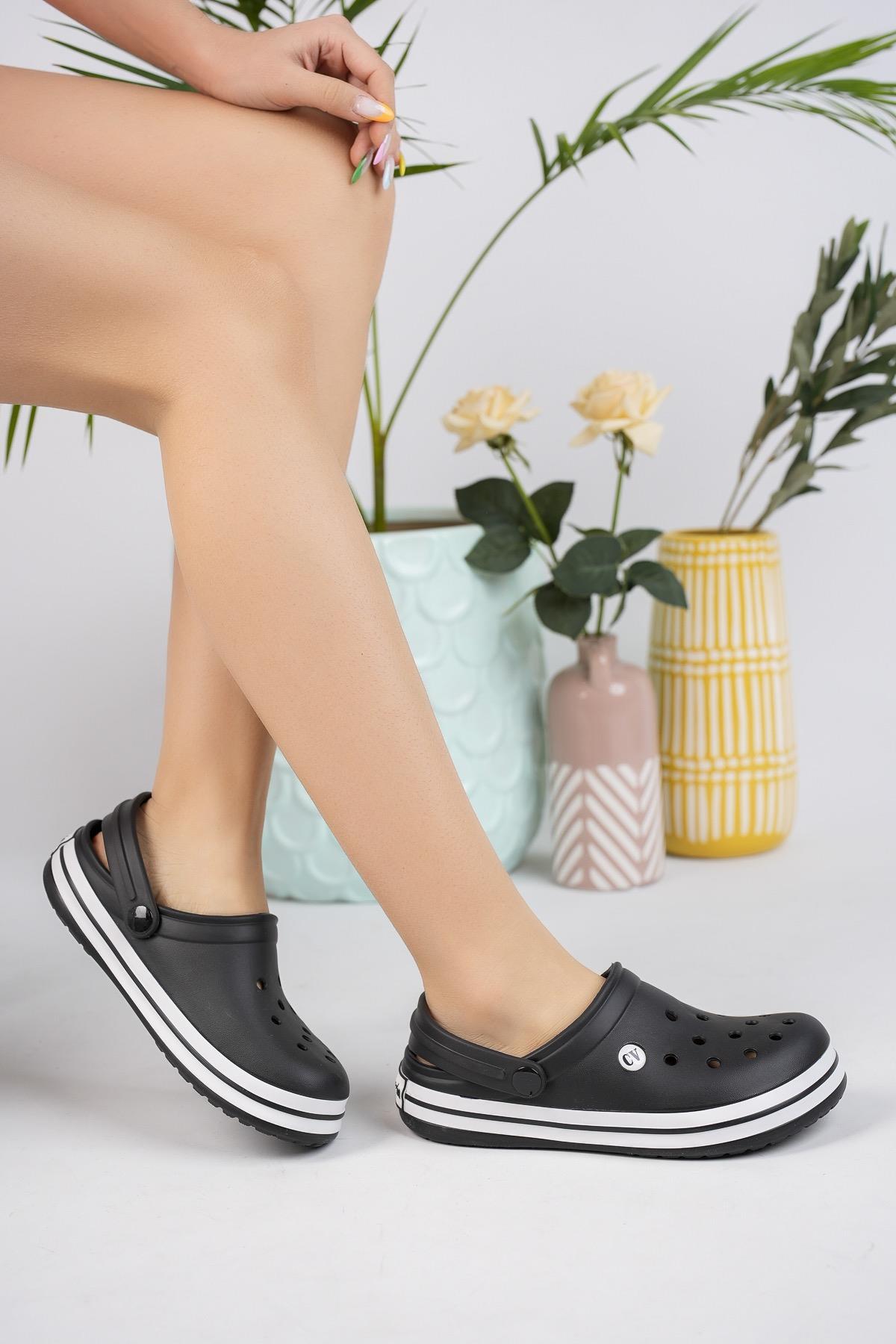 Modafrato CLOG Kapalı Unisex Terlik Sandalet Suya Dayanıklı Hastane Doktor Hemşire Terliği Siyah-Beyaz