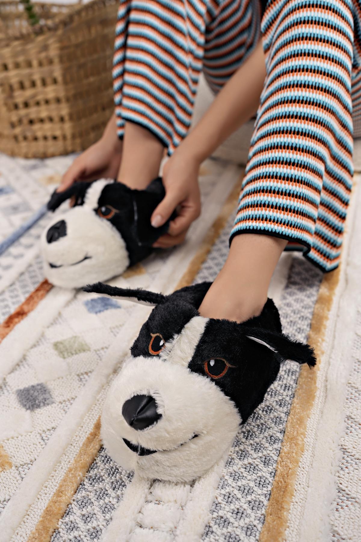 Modafrato Doggy Doo Unisex Panduf Peluş Ev Ayakkabısı Pufidik Siyah