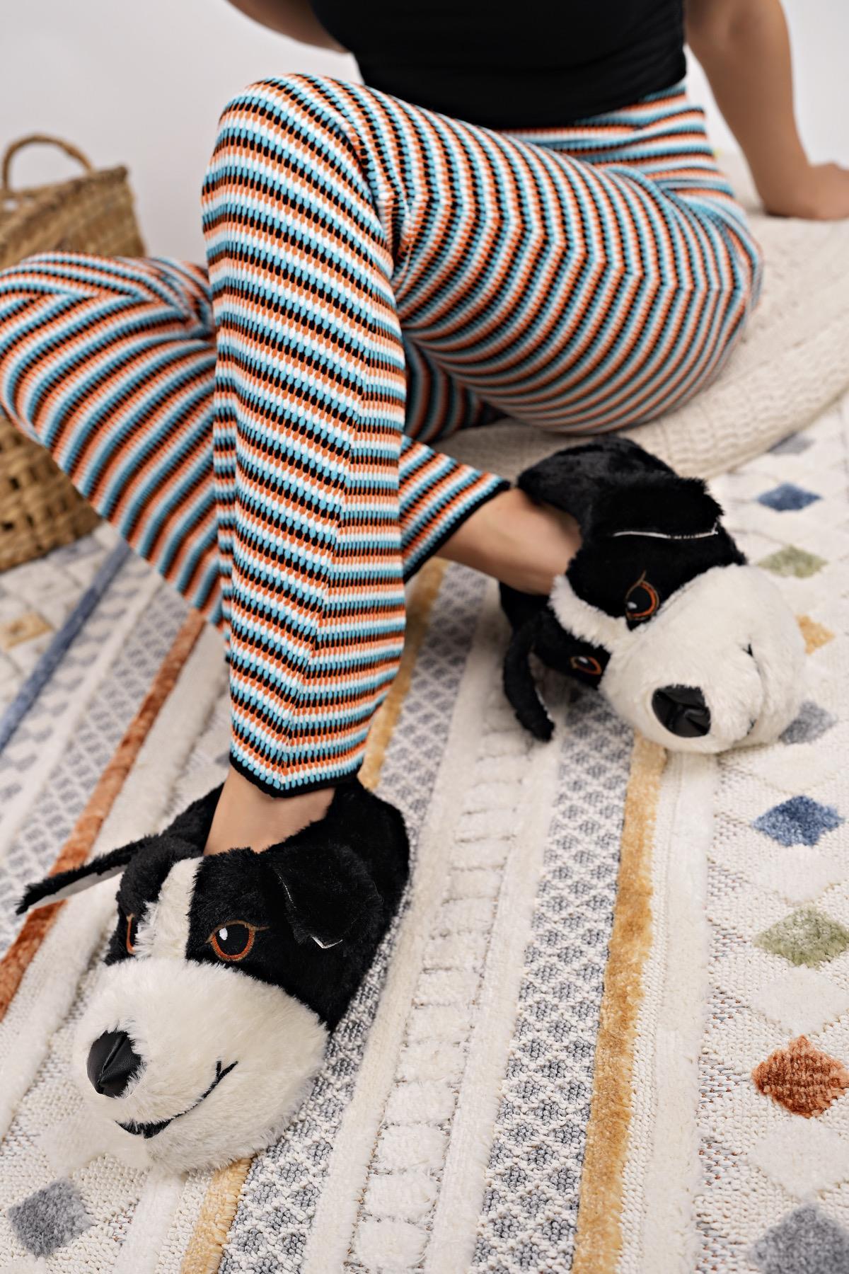 Modafrato Doggy Doo Unisex Panduf Peluş Ev Ayakkabısı Pufidik Siyah