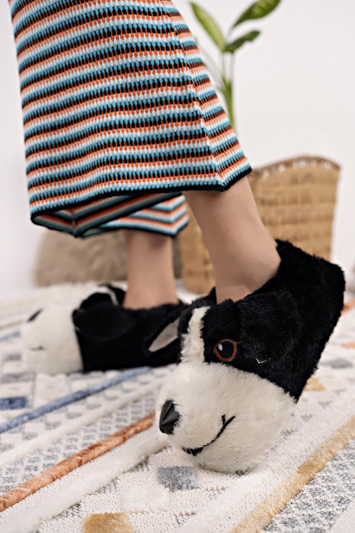 Modafrato Doggy Doo Unisex Panduf Peluş Ev Ayakkabısı Pufidik Siyah