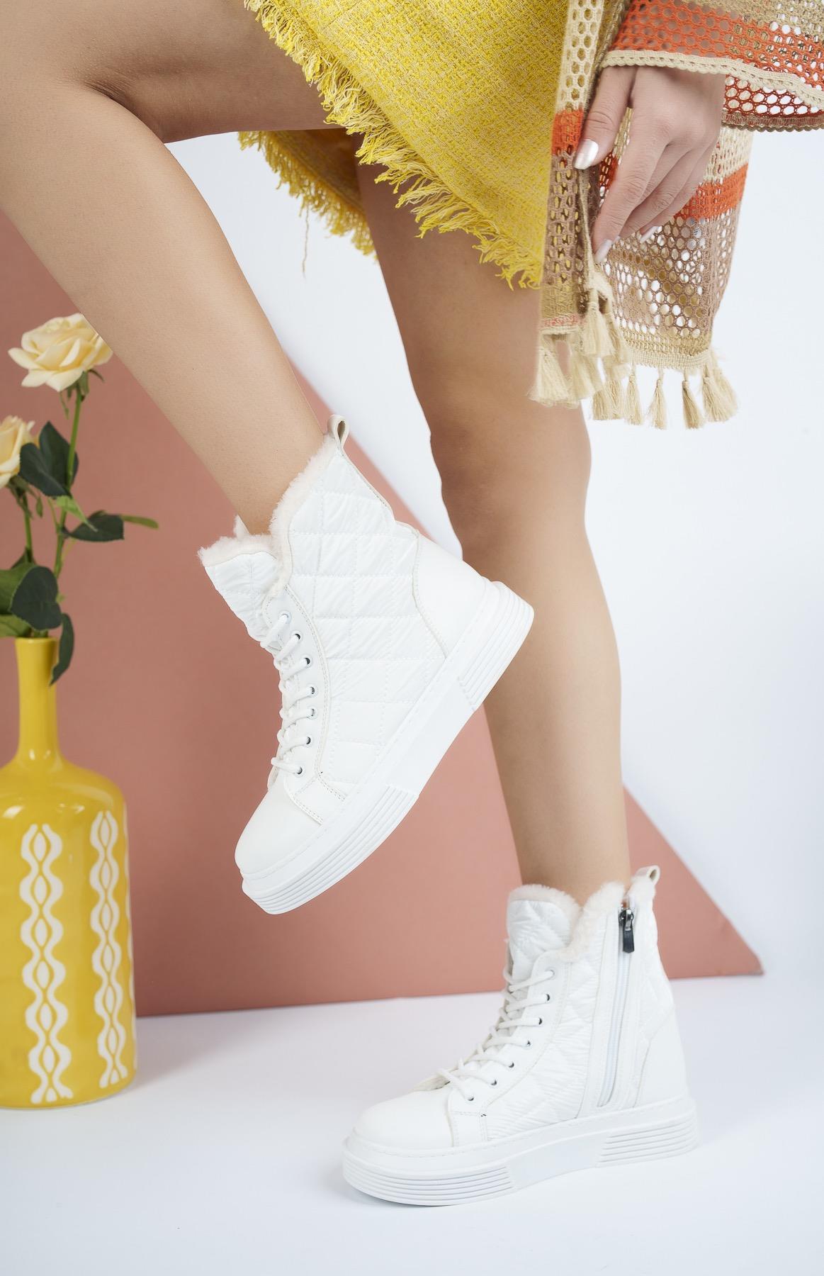 Modafrato DV-300  Kadın Botu Kışlık Bot Boğazlı Sneakers Beyaz