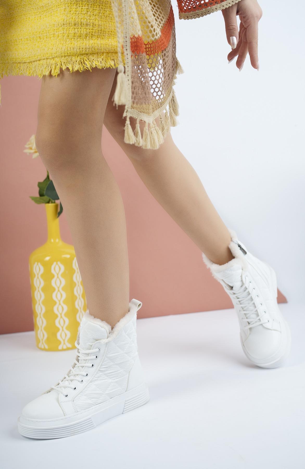 Modafrato DV-300  Kadın Botu Kışlık Bot Boğazlı Sneakers Beyaz