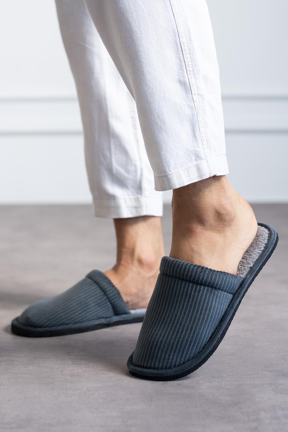 Modafrato FİTİLLİ DÜZ Unisex Ev Terliği Kışlık Kadın Erkek Terlik Gri