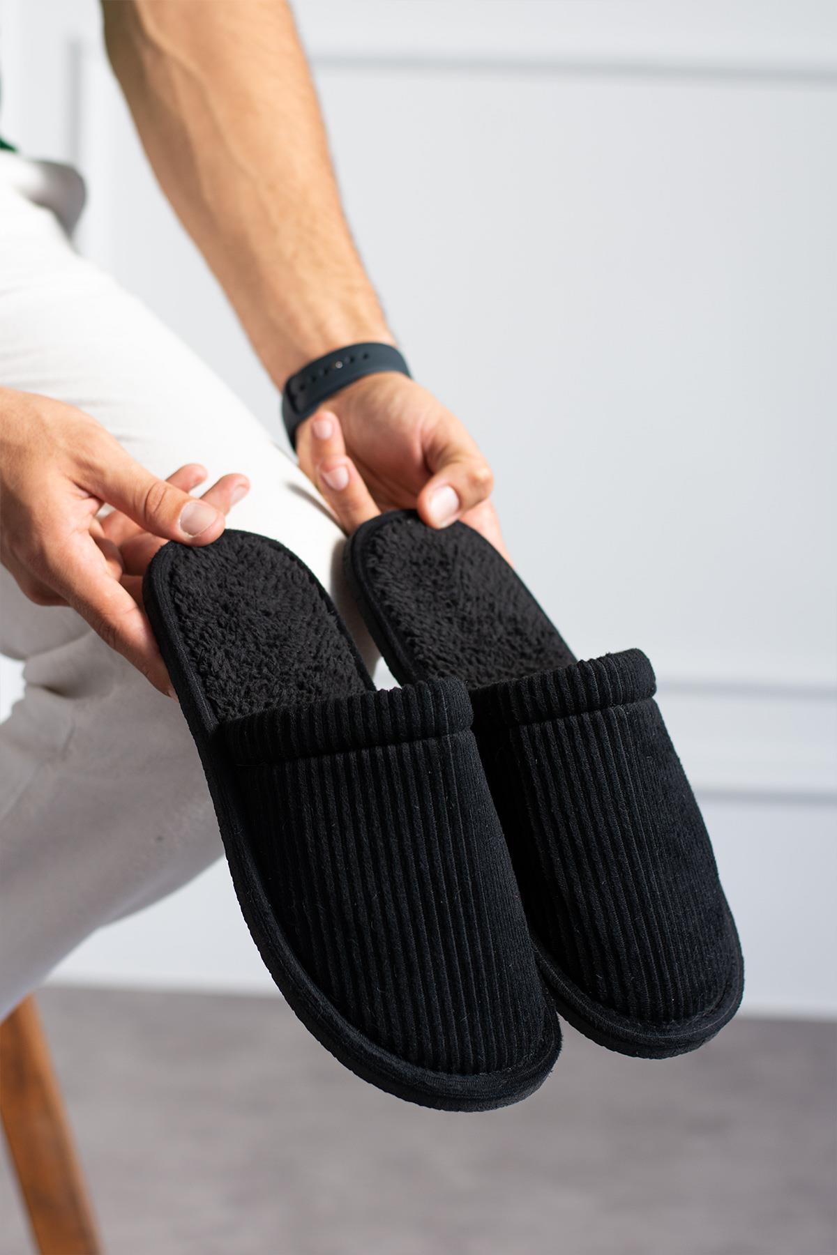 Modafrato FİTİLLİ DÜZ Unisex Ev Terliği Kışlık Kadın Erkek Terlik Siyah