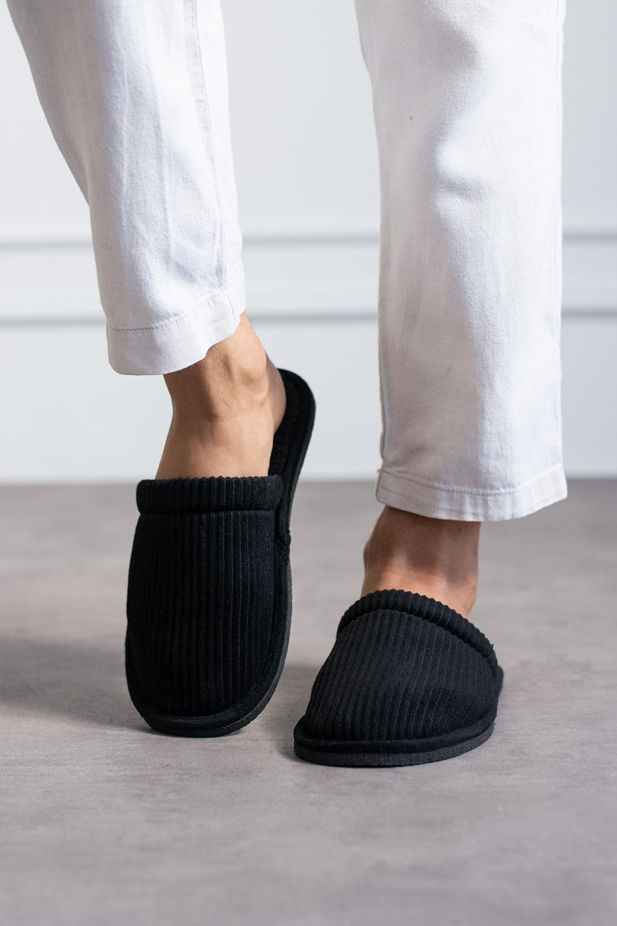 Modafrato FİTİLLİ DÜZ Unisex Ev Terliği Kışlık Kadın Erkek Terlik Siyah