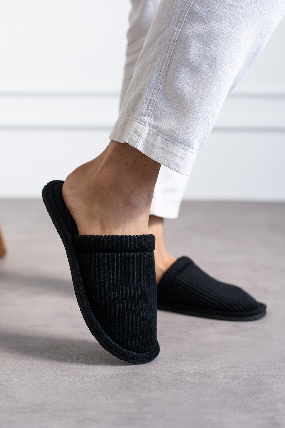 Modafrato FİTİLLİ DÜZ Unisex Ev Terliği Kışlık Kadın Erkek Terlik Siyah