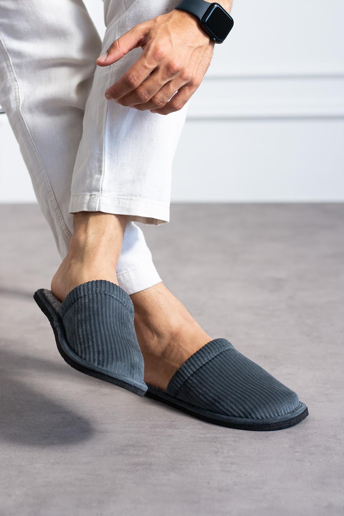 Modafrato FİTİLLİ DÜZ Unisex Ev Terliği Kışlık Kadın Erkek Terlik Gri