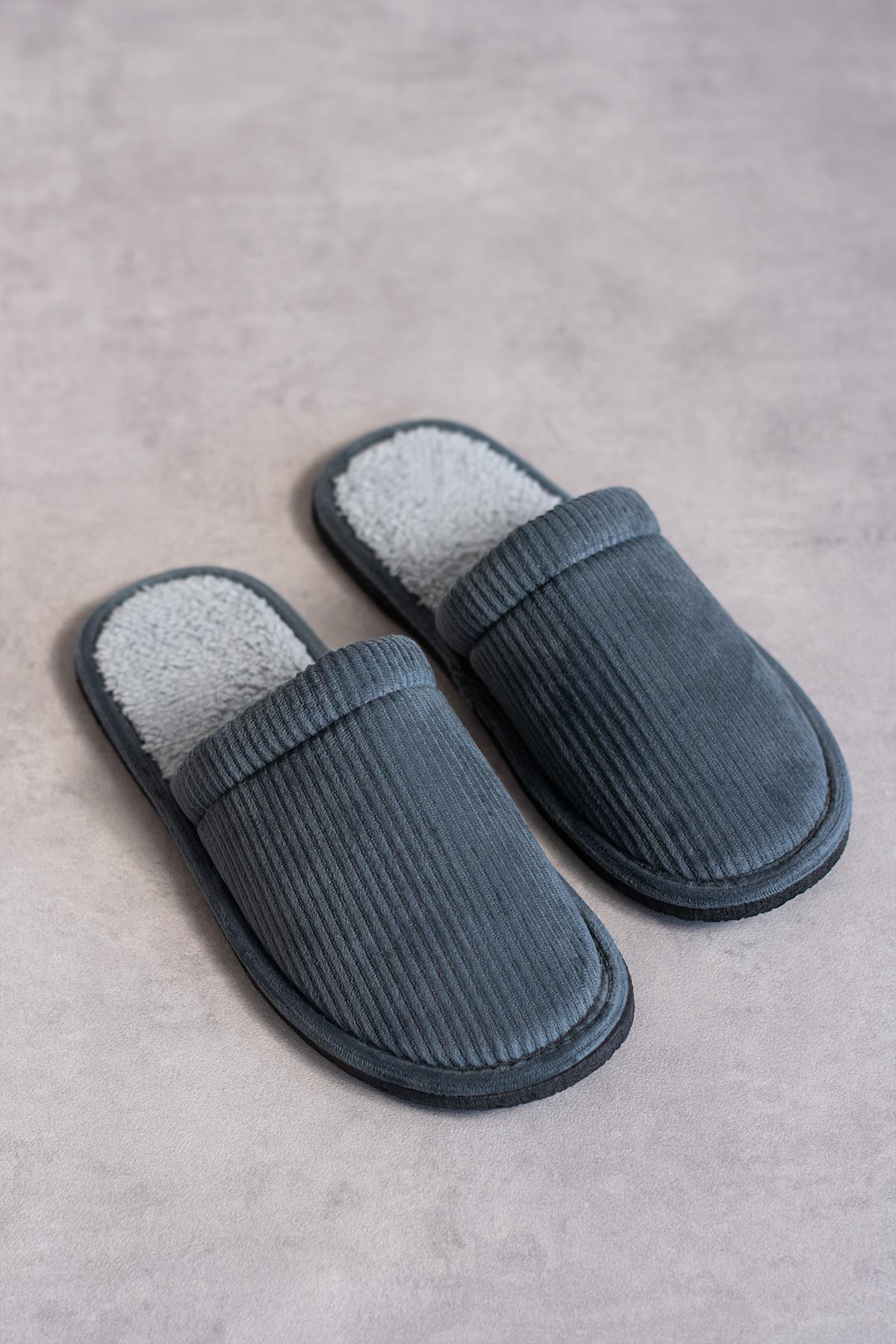 Modafrato FİTİLLİ DÜZ Unisex Ev Terliği Kışlık Kadın Erkek Terlik Gri