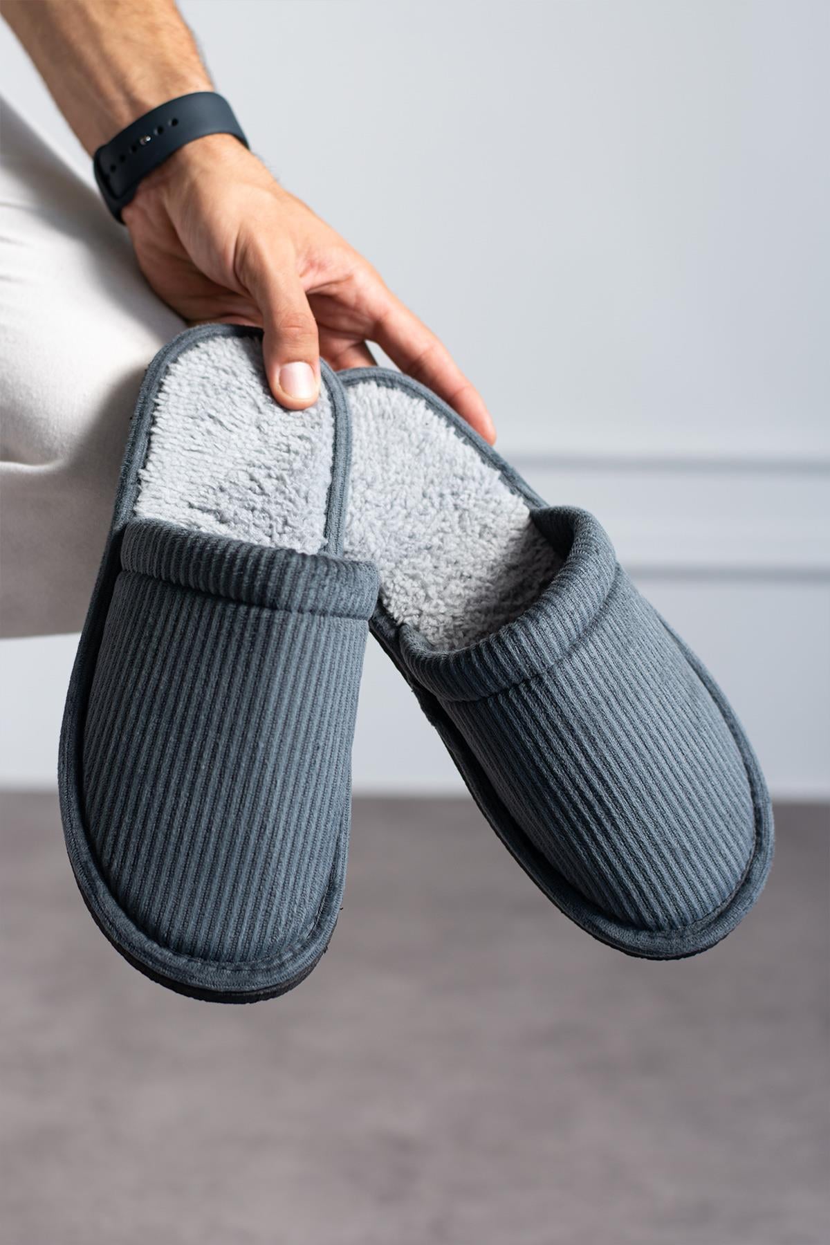 Modafrato FİTİLLİ DÜZ Unisex Ev Terliği Kışlık Kadın Erkek Terlik Gri