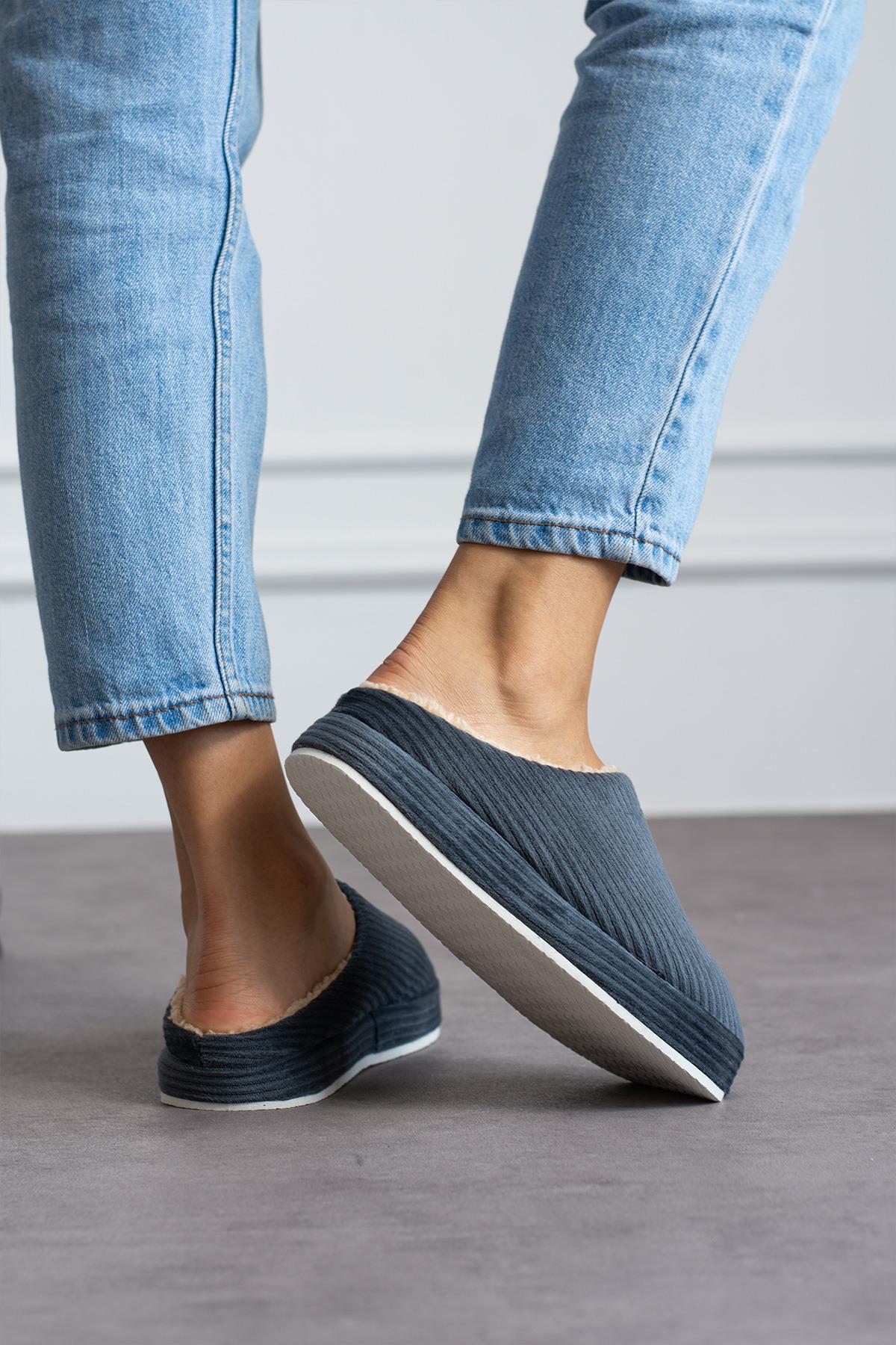 Modafrato FİTİLLİ PELUŞ Unisex Ev Terliği Kışlık Kadın Erkek Terlik Gri