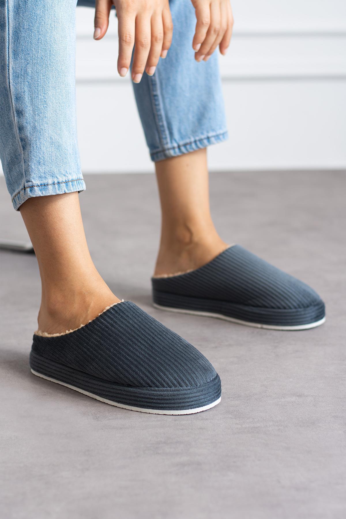 Modafrato FİTİLLİ PELUŞ Unisex Ev Terliği Kışlık Kadın Erkek Terlik Gri