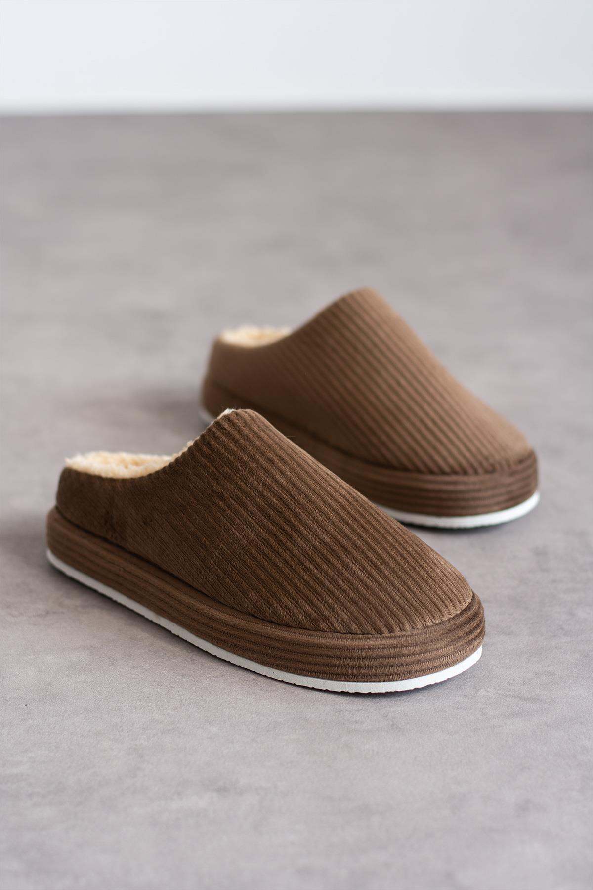 Modafrato FİTİLLİ PELUŞ Unisex Ev Terliği Kışlık Kadın Erkek Terlik Taba
