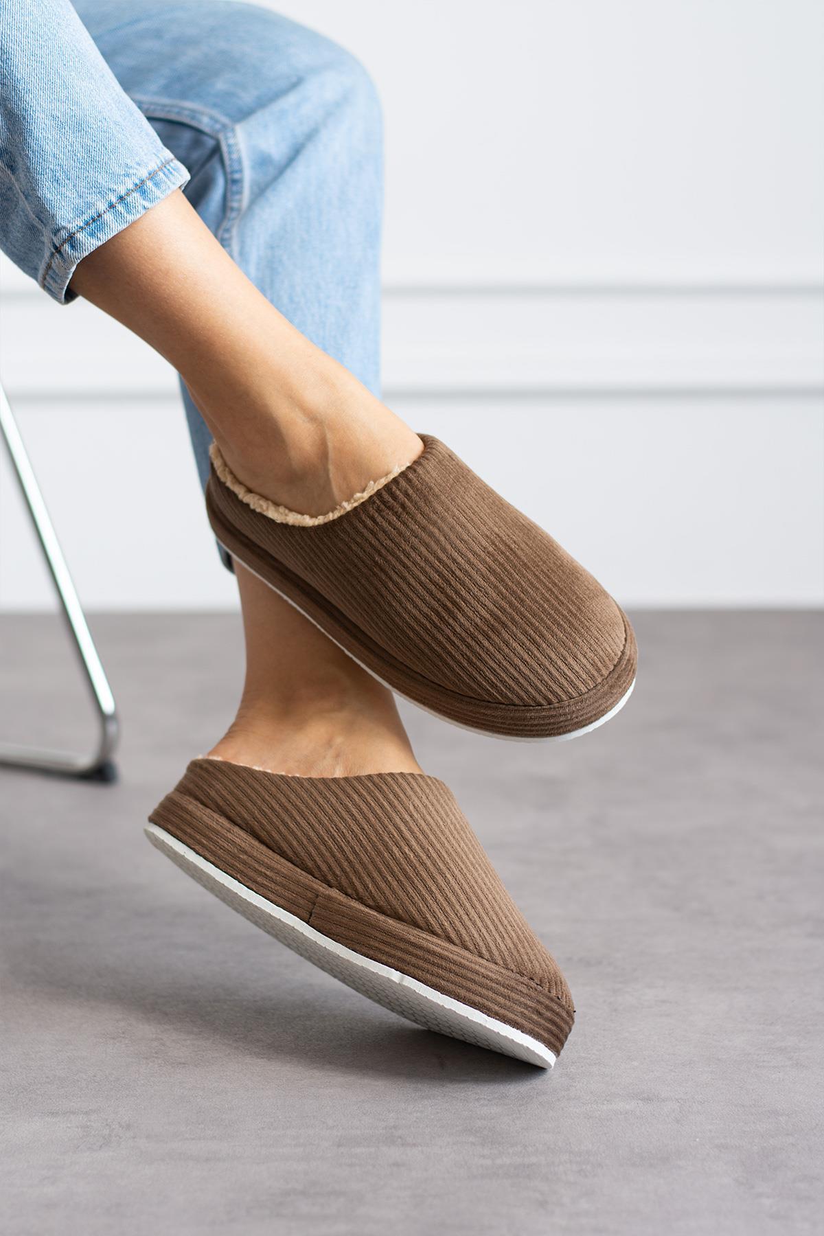 Modafrato FİTİLLİ PELUŞ Unisex Ev Terliği Kışlık Kadın Erkek Terlik Taba