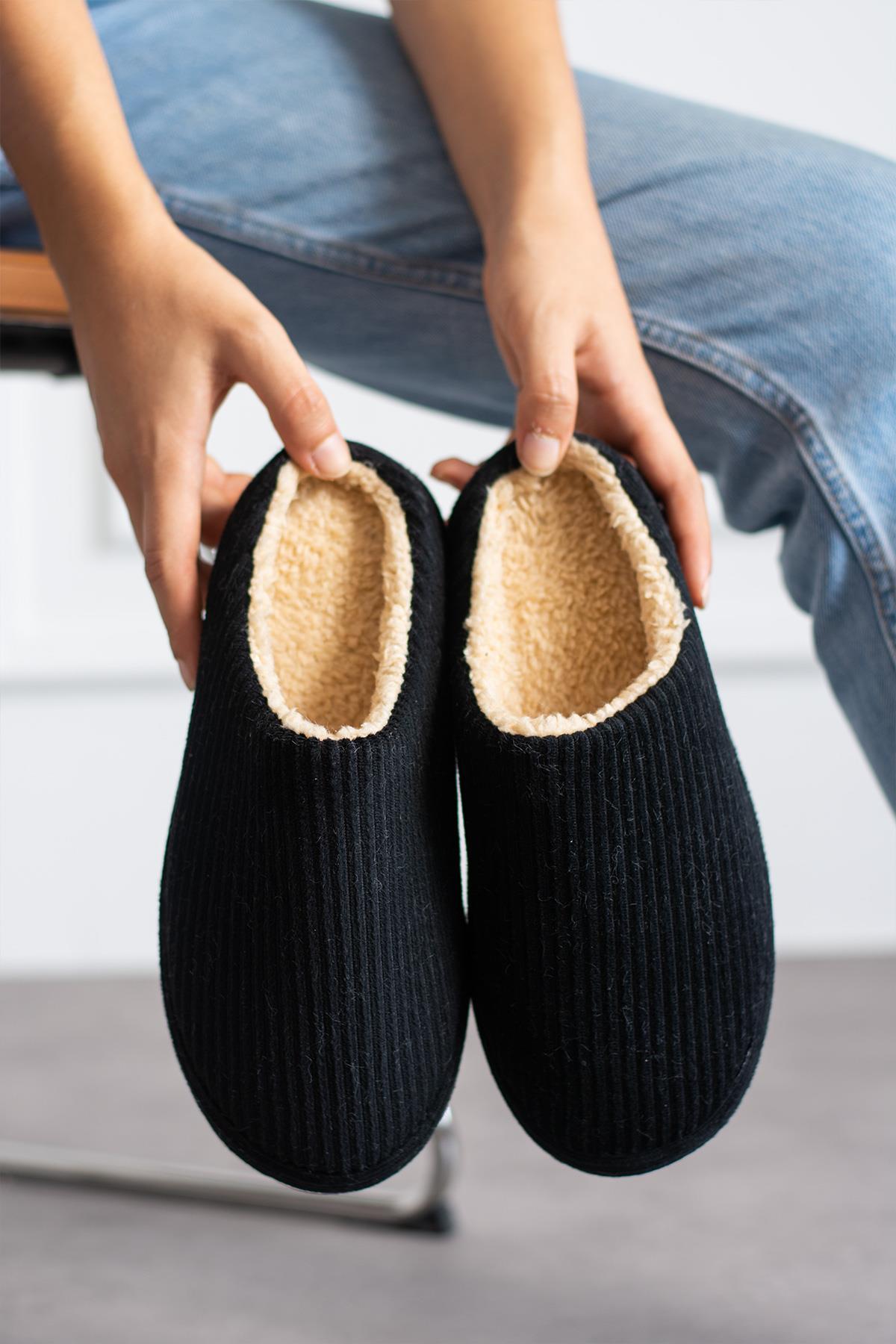 Modafrato FİTİLLİ PELUŞ Unisex Ev Terliği Kışlık Kadın Erkek Terlik Siyah