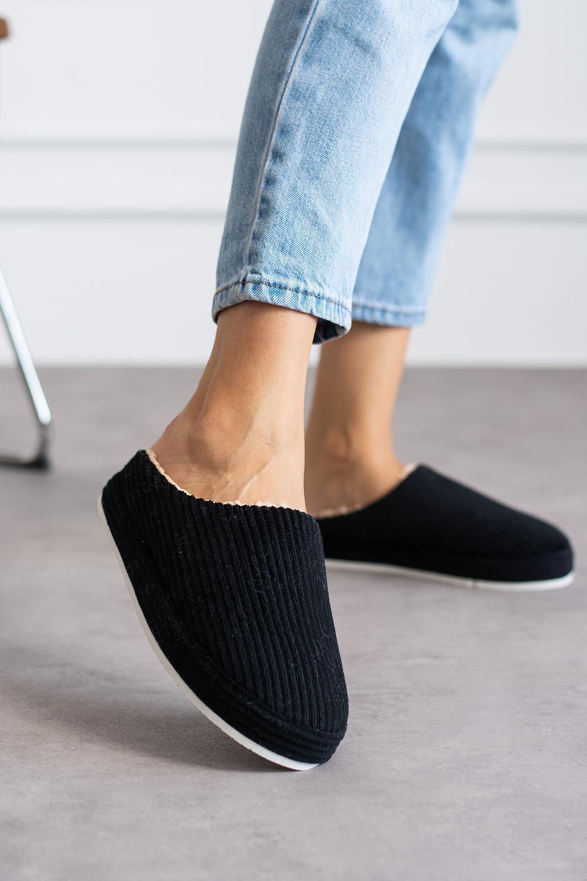 Modafrato FİTİLLİ PELUŞ Unisex Ev Terliği Kışlık Kadın Erkek Terlik Siyah