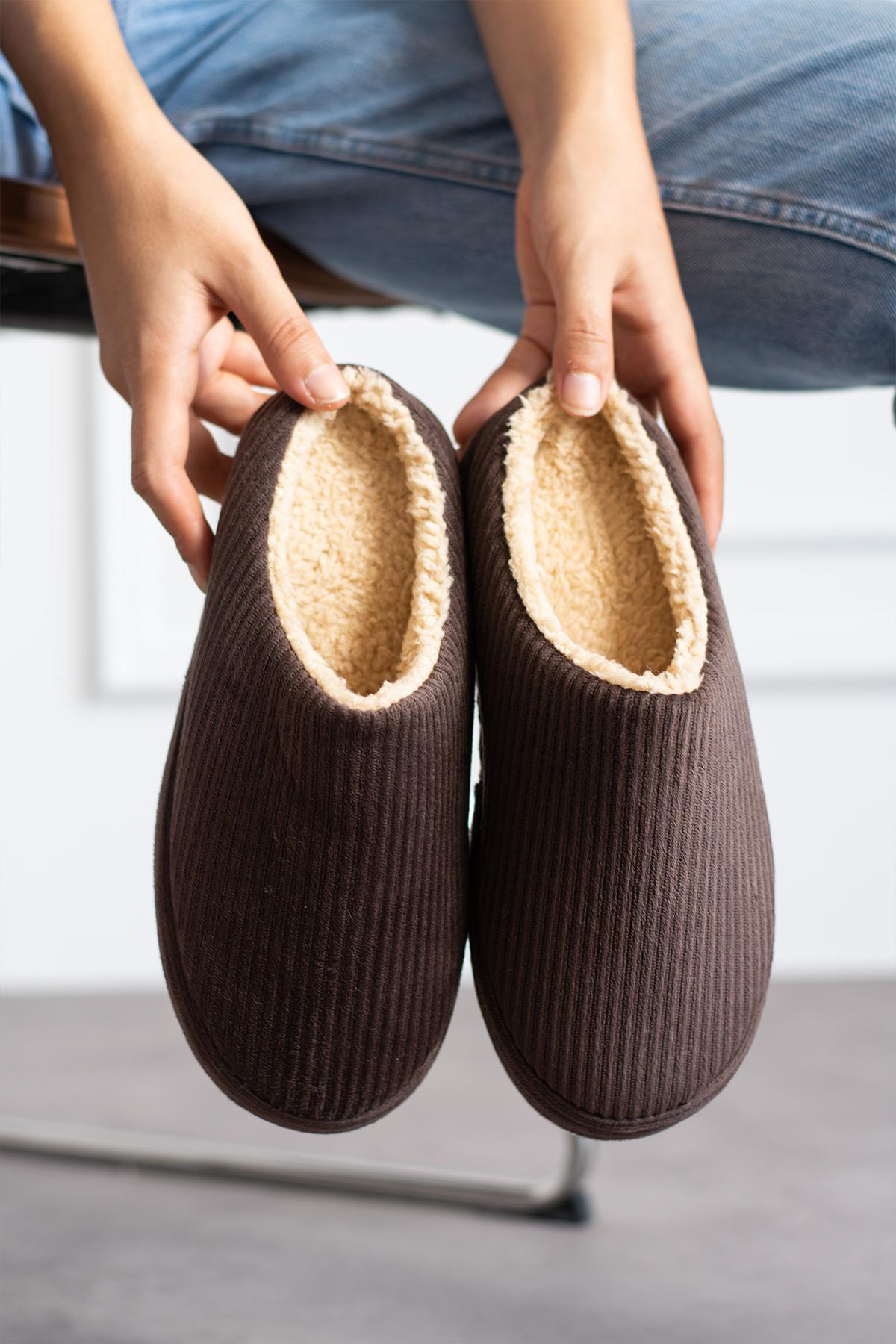 Modafrato FİTİLLİ PELUŞ Unisex Ev Terliği Kışlık Kadın Erkek Terlik Kahve